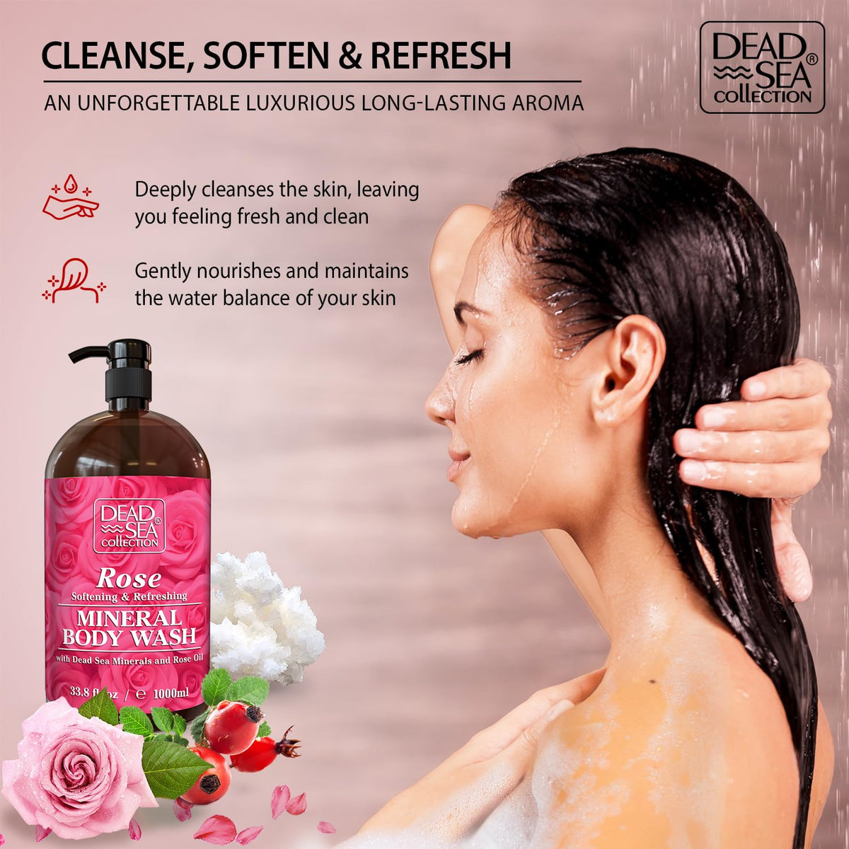 Dead Sea Collection Rose Body Wash for Women and Men - with Pure Dead Sea Minerals and Rose Extract