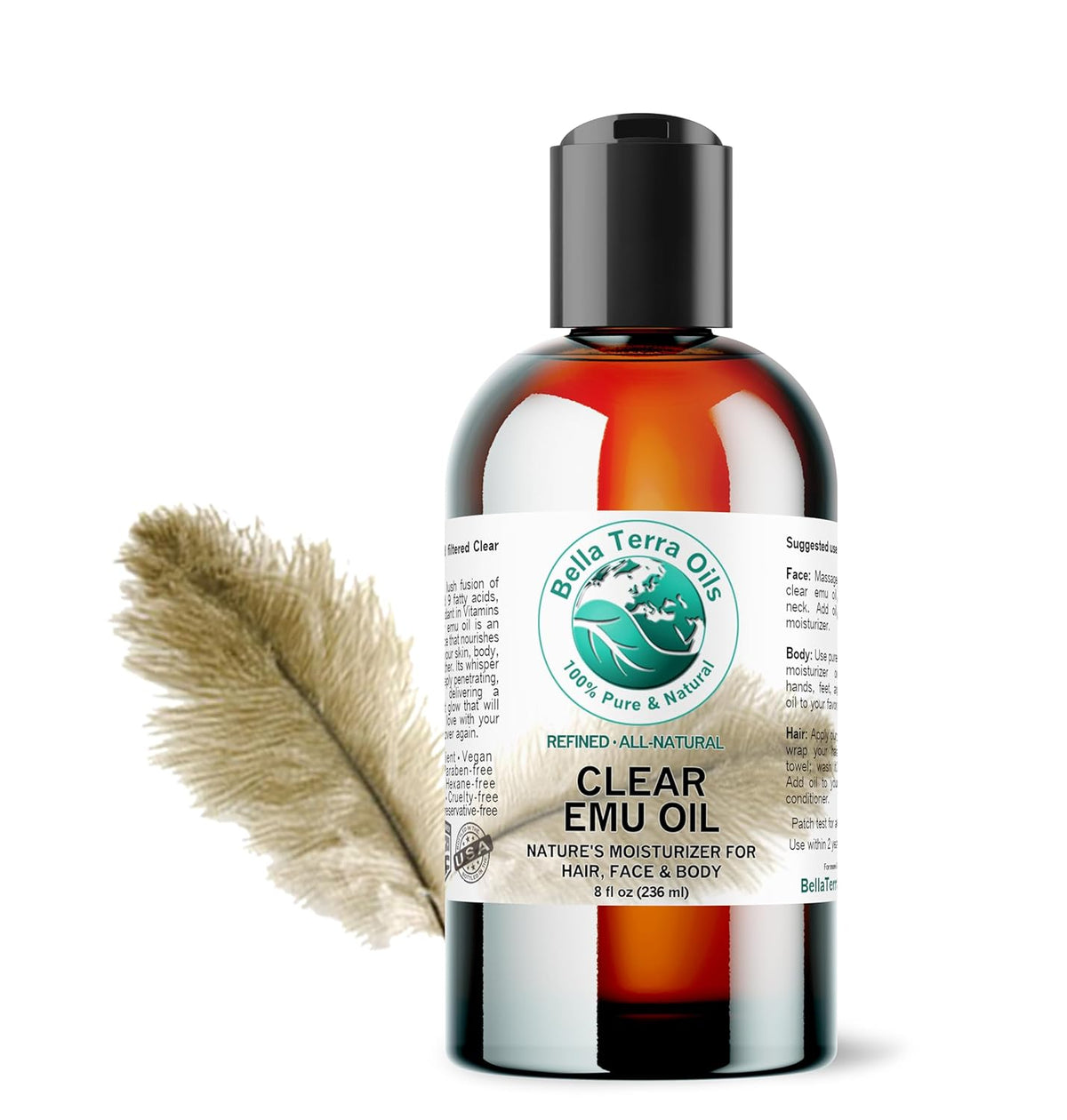 Bella Terra Oils - Clear Emu Oil 8 oz - Harnessing the Power of Pure Emu, Abundant in Natural