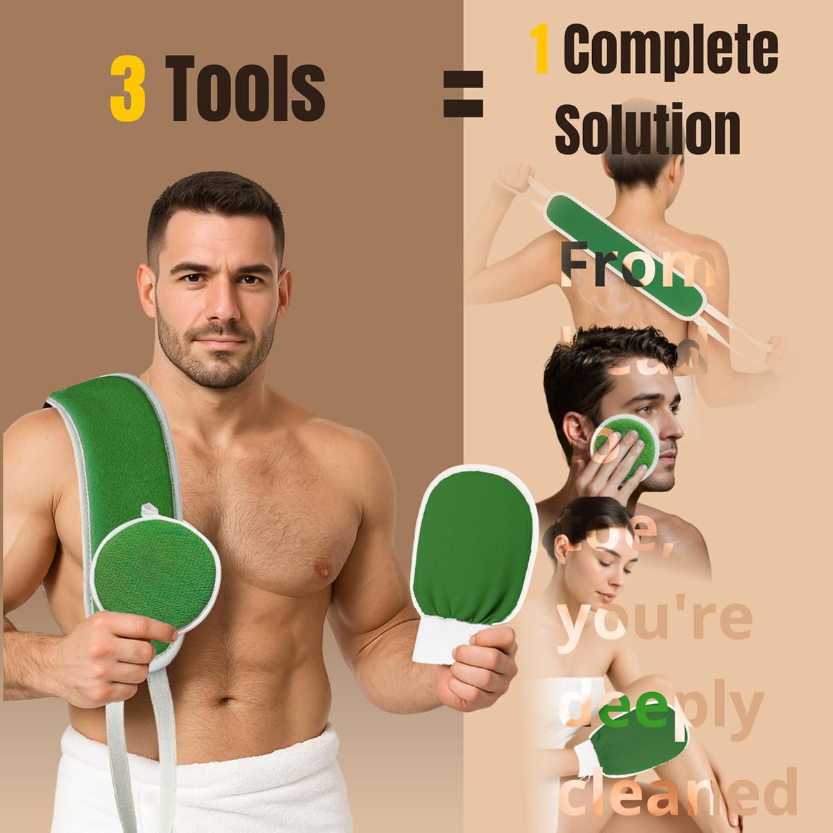 Exfoliating Glove Set (Original) – 3 Pieces Moroccan Hammam Scrub Mitts for Face, Body & Back