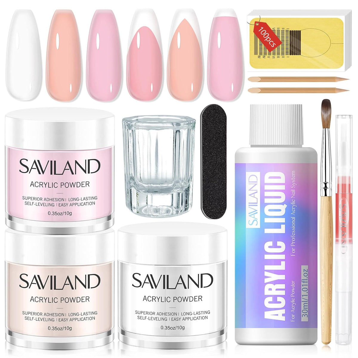 SAVILAND Essentials Acrylic Nail Kit for Beginners: Clear Nudes Pink Acrylic Powder and Liquid Set