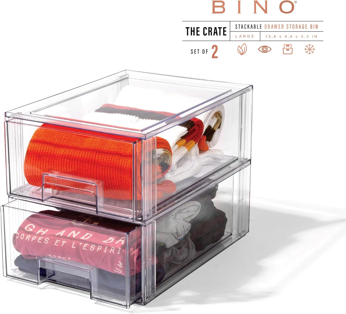 BINO | Stackable Storage Drawers, Large - 2 Pack, Clear | THE CRATE COLLECTION | Storage Bins With
