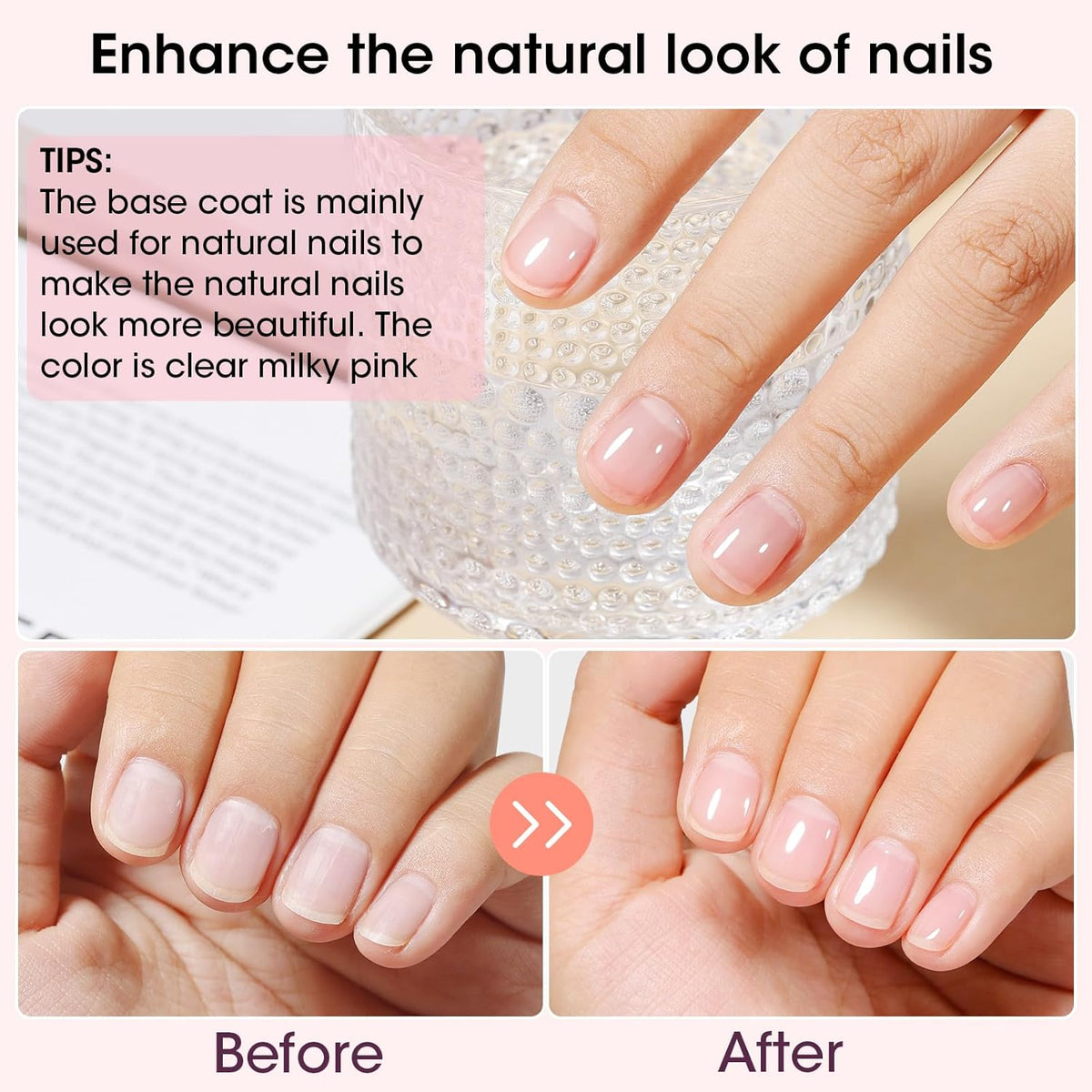 GELLEN 4‑in‑1 Clear Nail Polish Base Coat Sheer Tinted Milky Pink, Ridge Filler, Nail Strengthener