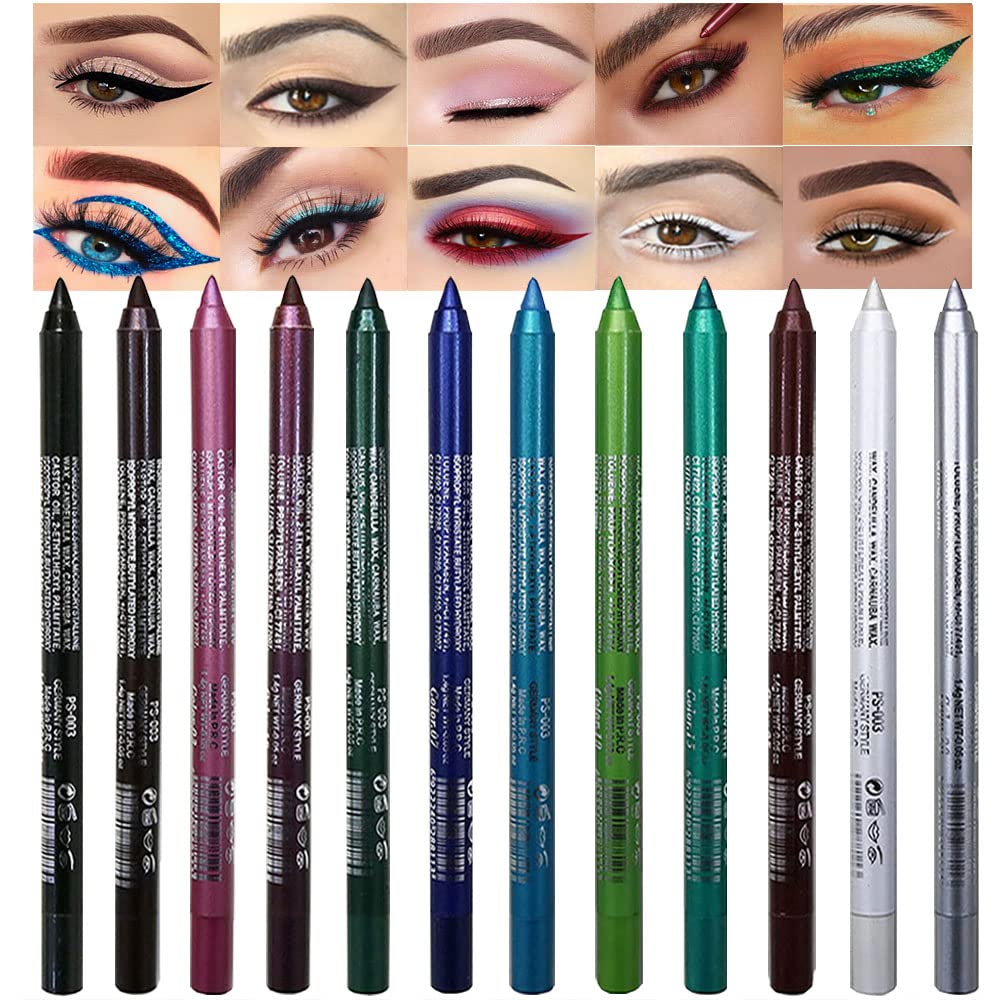 Kaely 12Pcs Glitter Gel Eyeliner Pencil Set for Women, Color Eye Liner Waterproof Smudge Proof with