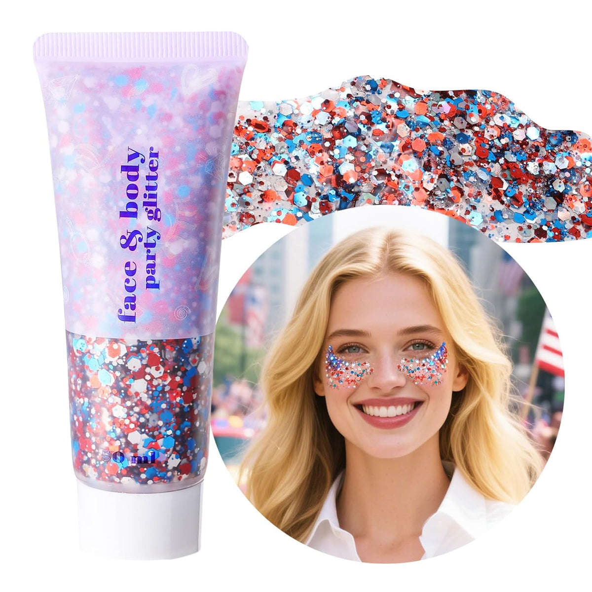 DAGEDA Red White Blue Body Glitter, 4th of July Outfits Accessories for Women, USA Flag Face