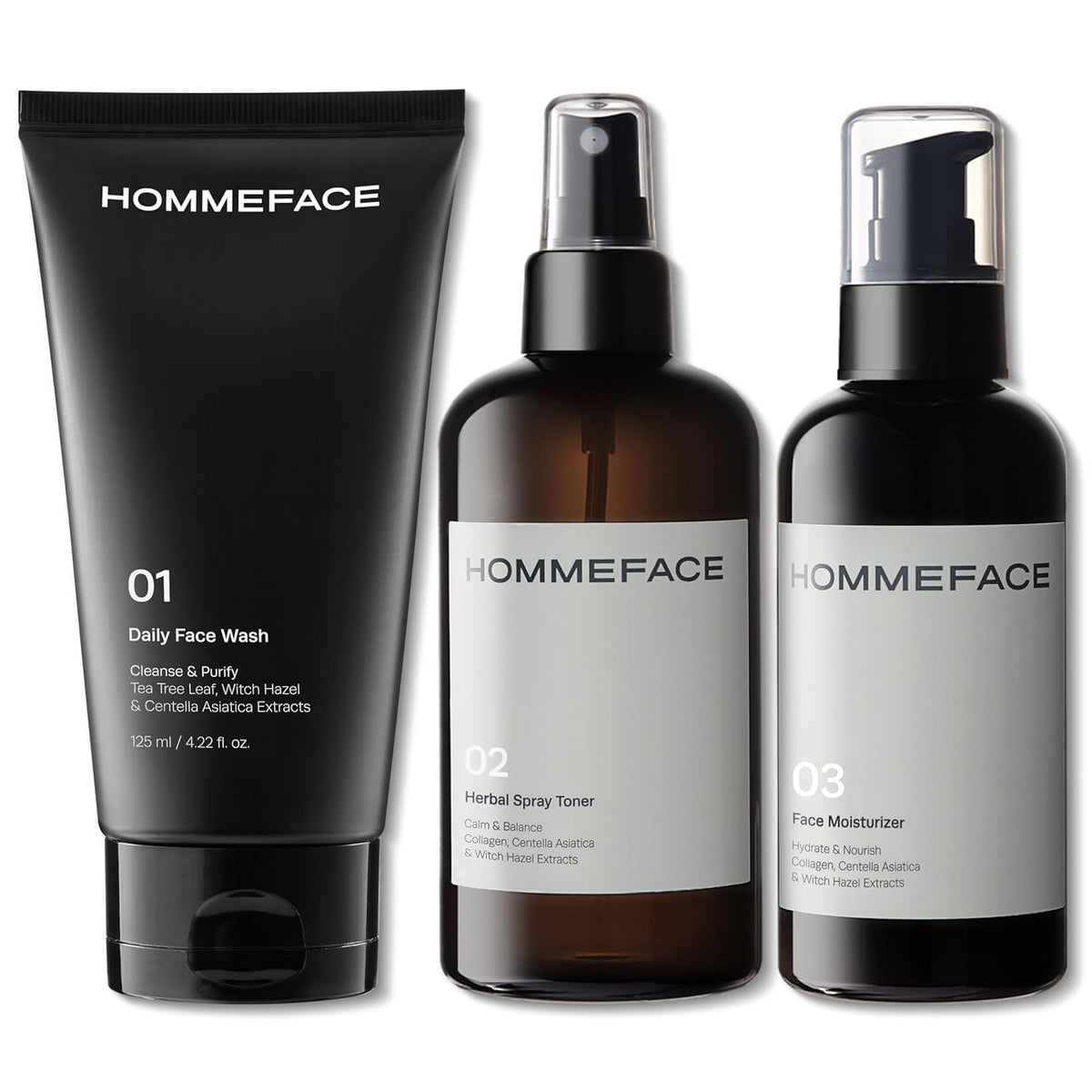 HommeFace Men’s Daily Trio 3-Step Daily Routine Set with Face Wash, Herbal Spray Toner &