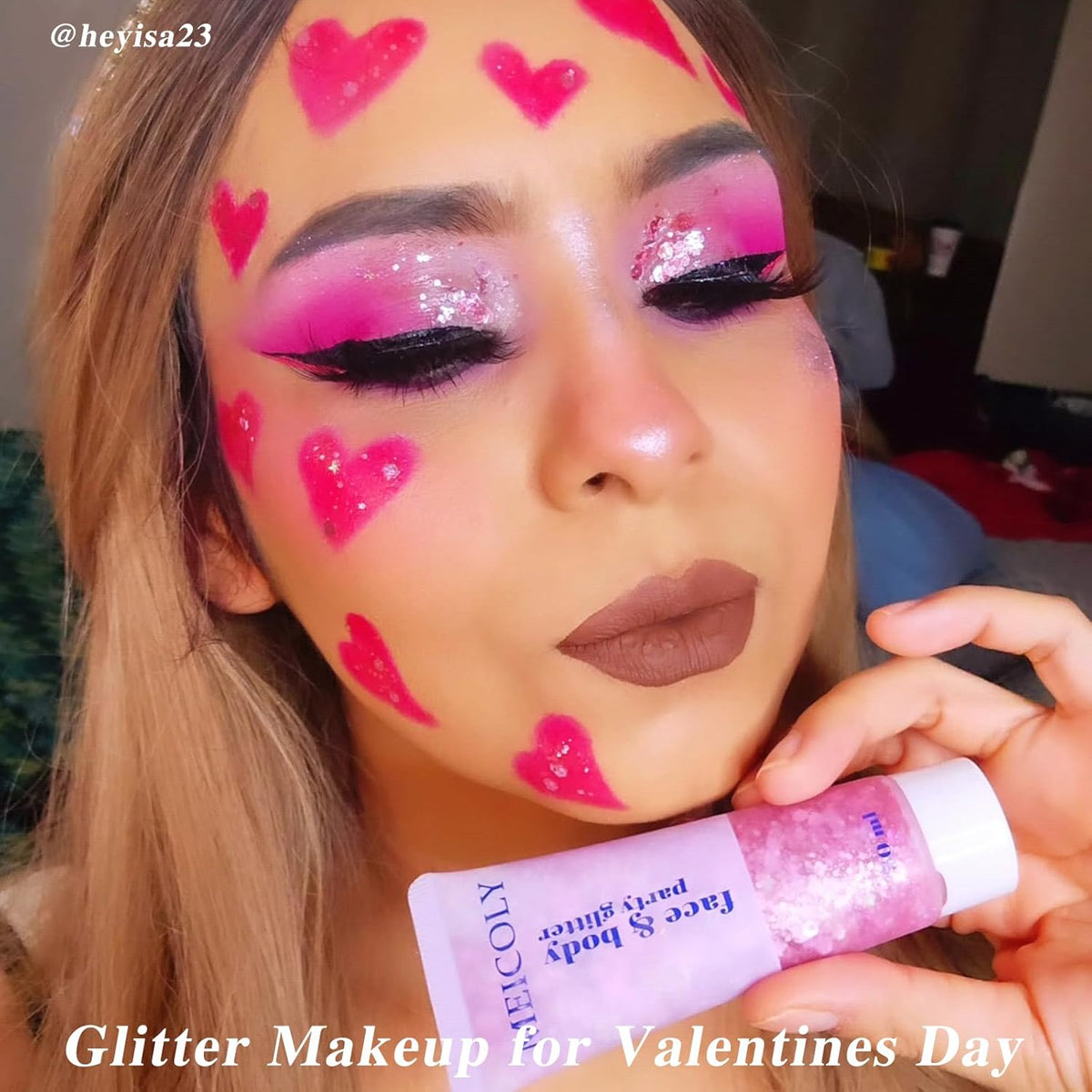 MEICOLY Pink Face Glitter,Pink Body Glitter,Sparkly Hair Glitter,Singer Concerts Lover Heart Chunky