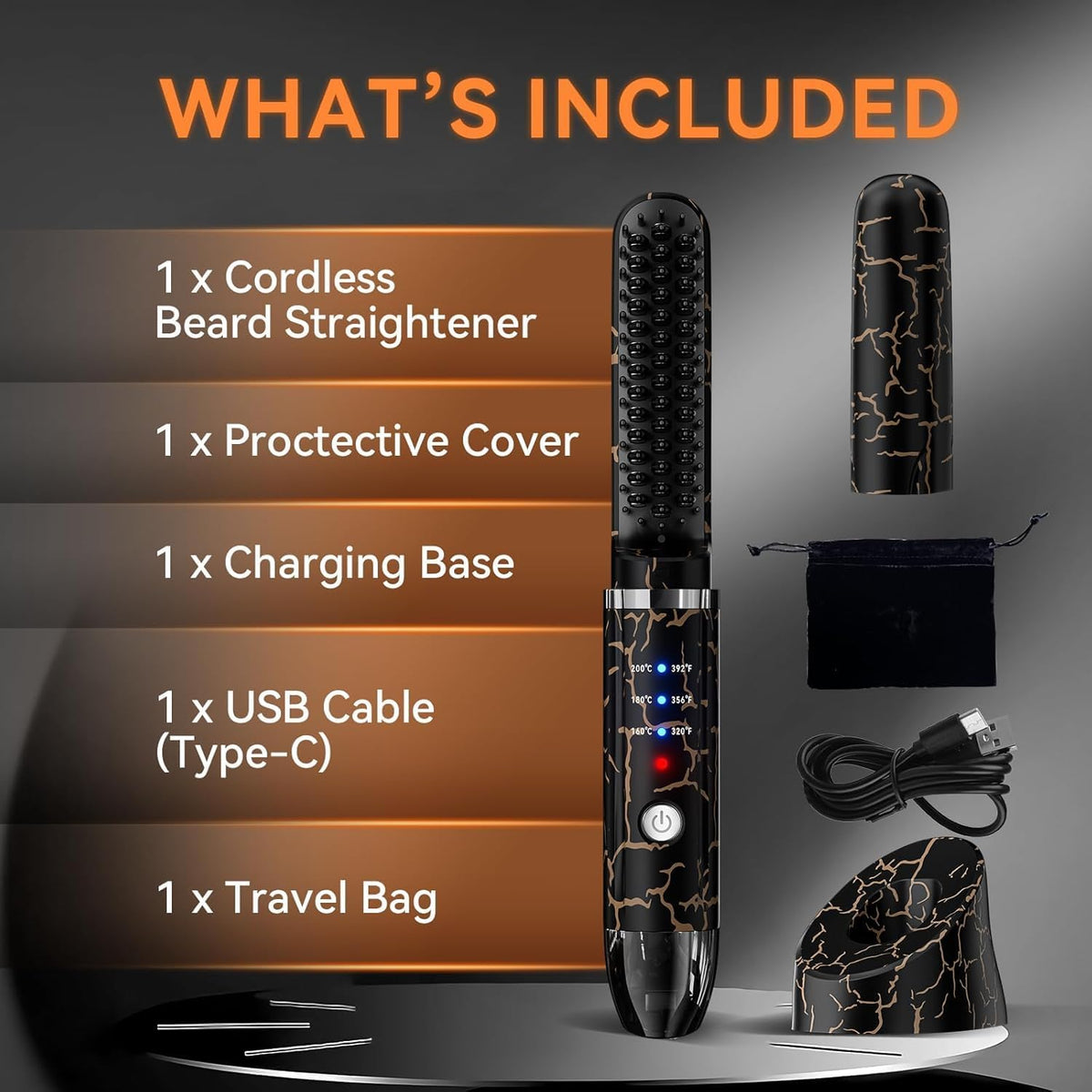 Beard Straightener for Men, Cordless Beard Heated Brush and Hair Straightener Hot Comb with 3 Temp
