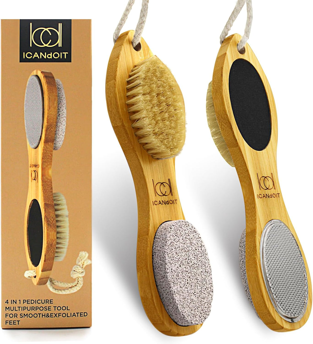 ICDI ICANdOIT Natural Bamboo Foot File Callus Remover-Multi Purpose 4 in 1 Feet Pedicure Kit with