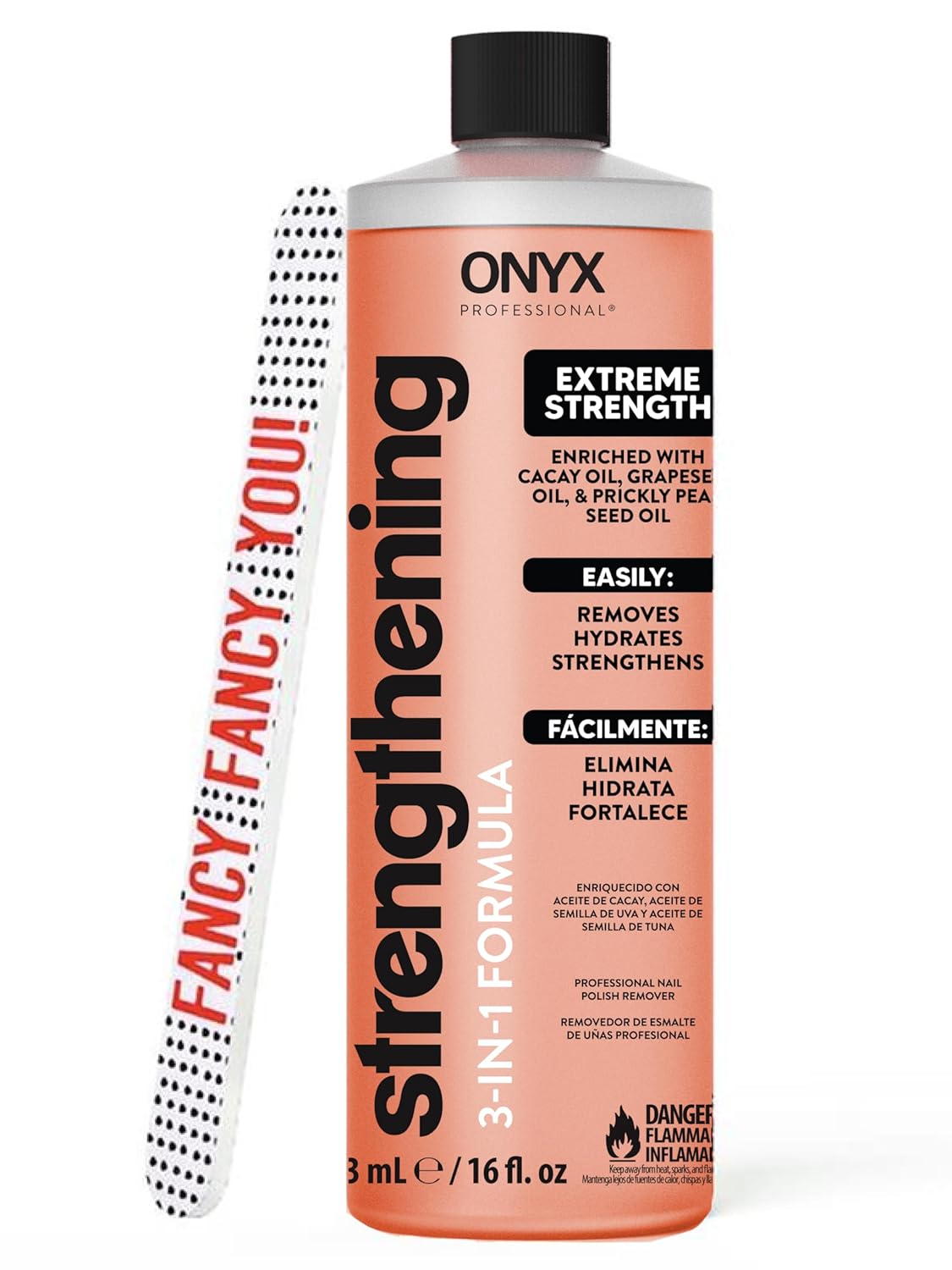 Onyx Professional 3-in-1 Strengthening Nail Polish Remover with 7 inch Nail File, 16 fl oz