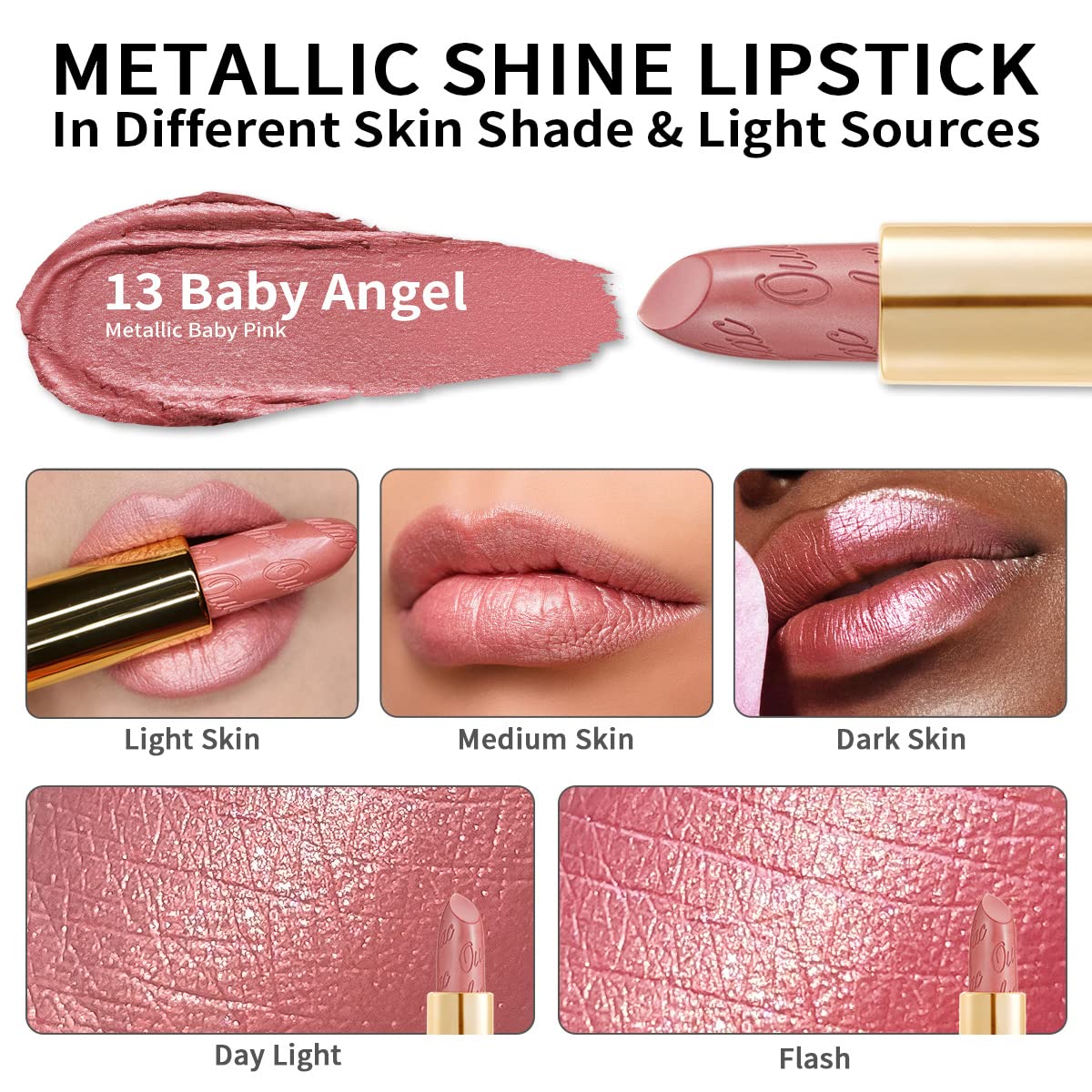 Oulac Light Pink Lipstick for Women with Metallic 3D Shine Lightweight Hydrating Formula, High