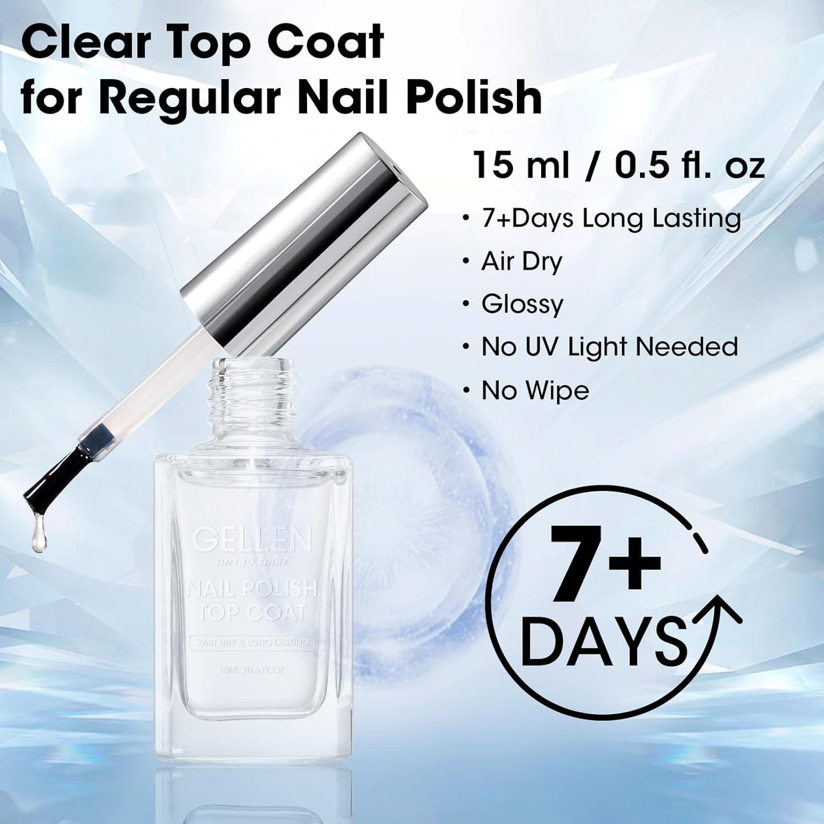 GELLEN Clear Nail Polish Top Coat, Shine Glossy Regular Nail Polish, Calcium Formula Strengthens