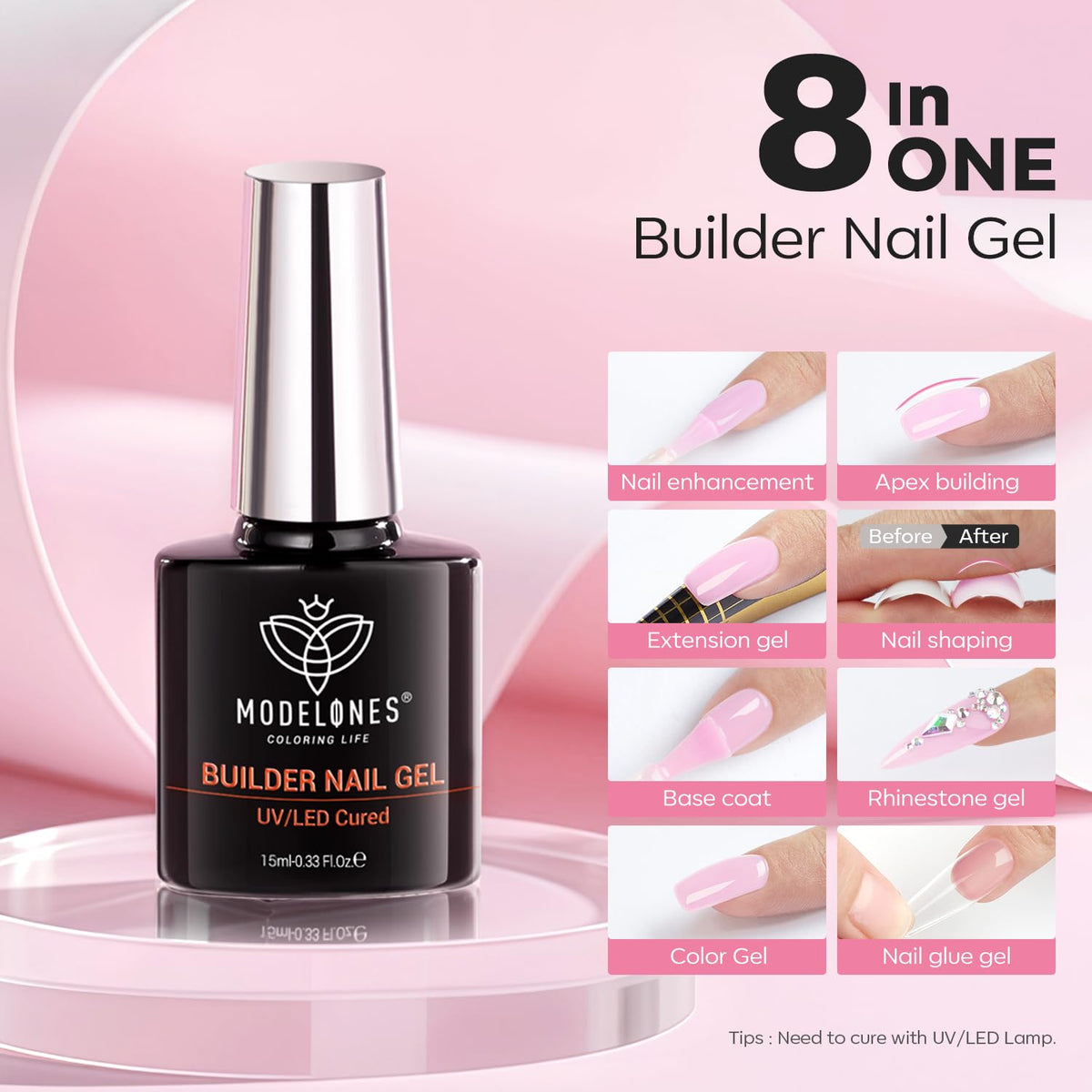 modelones Builder Nail Gel, 8-in-One Baby Pink Builder, Pastel Pink Rubber Base Gel Polish, LED