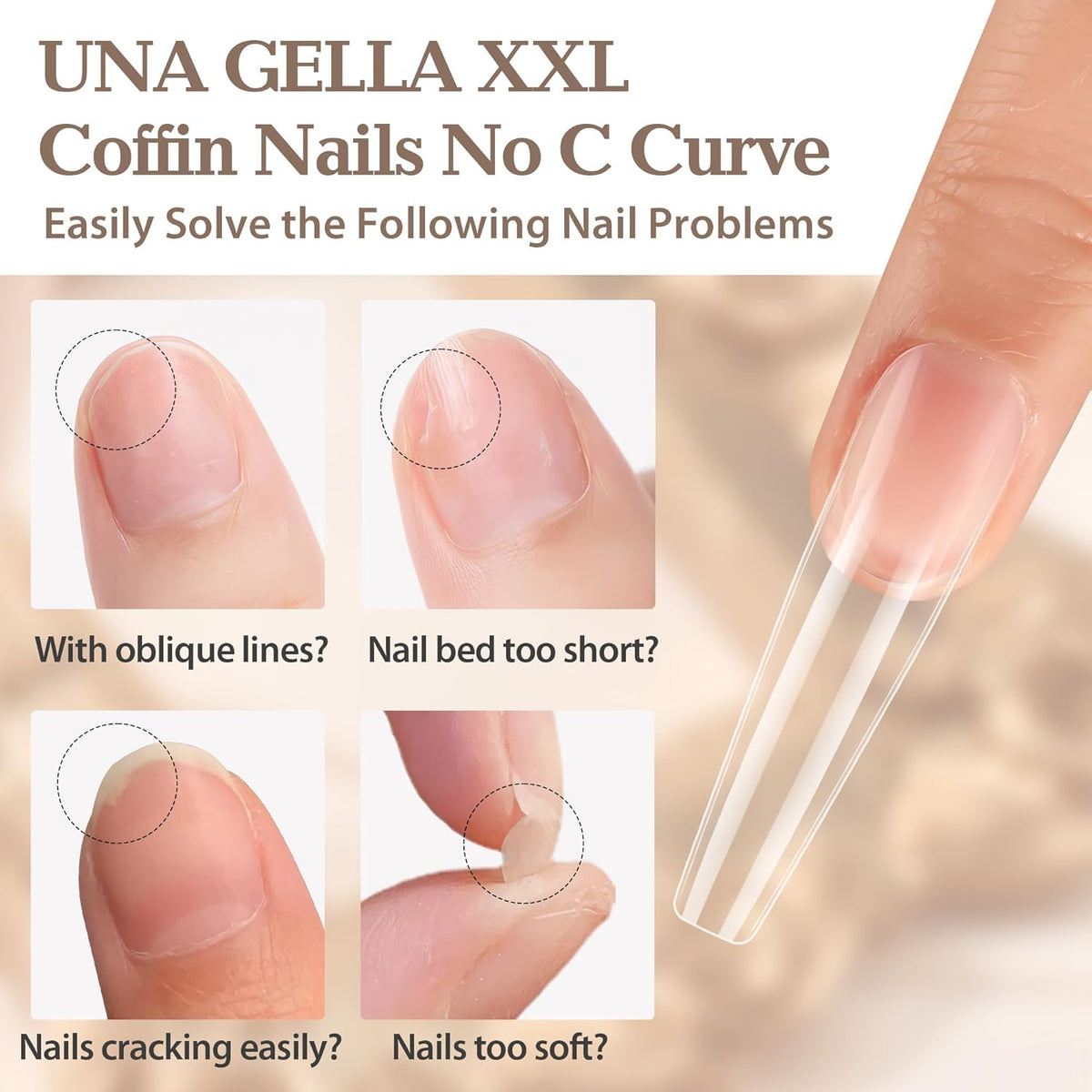 UNA GELLA XXL Coffin Nails Tips Full Cover 216pcs Extra Long Coffin Nail Tips No C Curve Clear