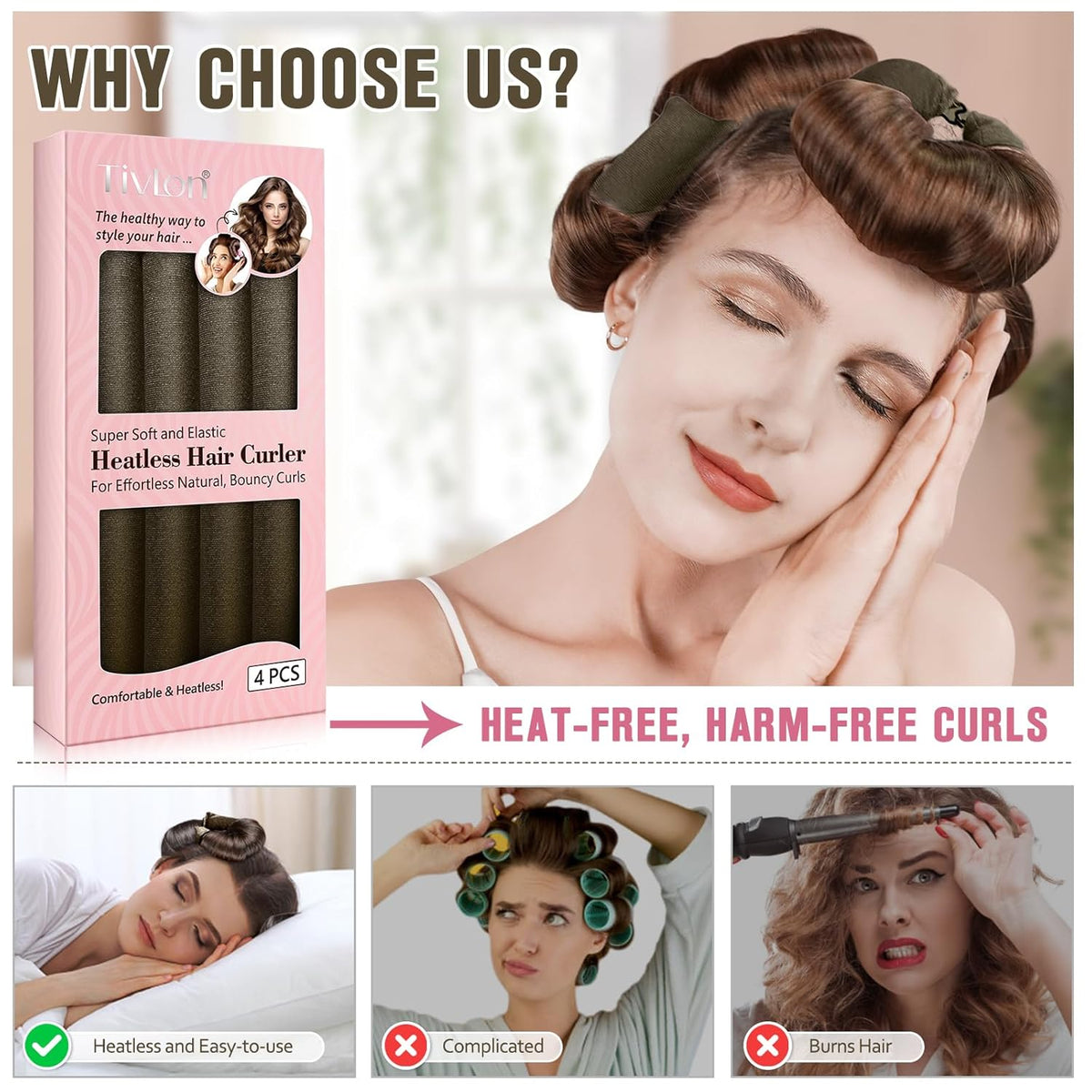 Heatless Curls Overnight, 4 Pcs No Heat Curling Blowout Rod, Satin Blowout Look Heatless Hair