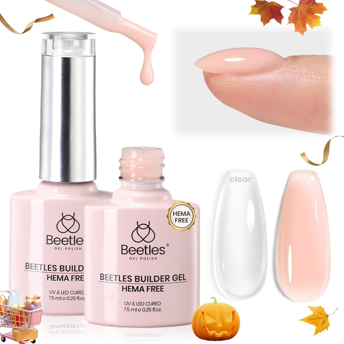 Beetles Builder Gel for Nails HEMA-Free,2 Colors 7 in 1 Clear & Nude Strengthener Gel for Building