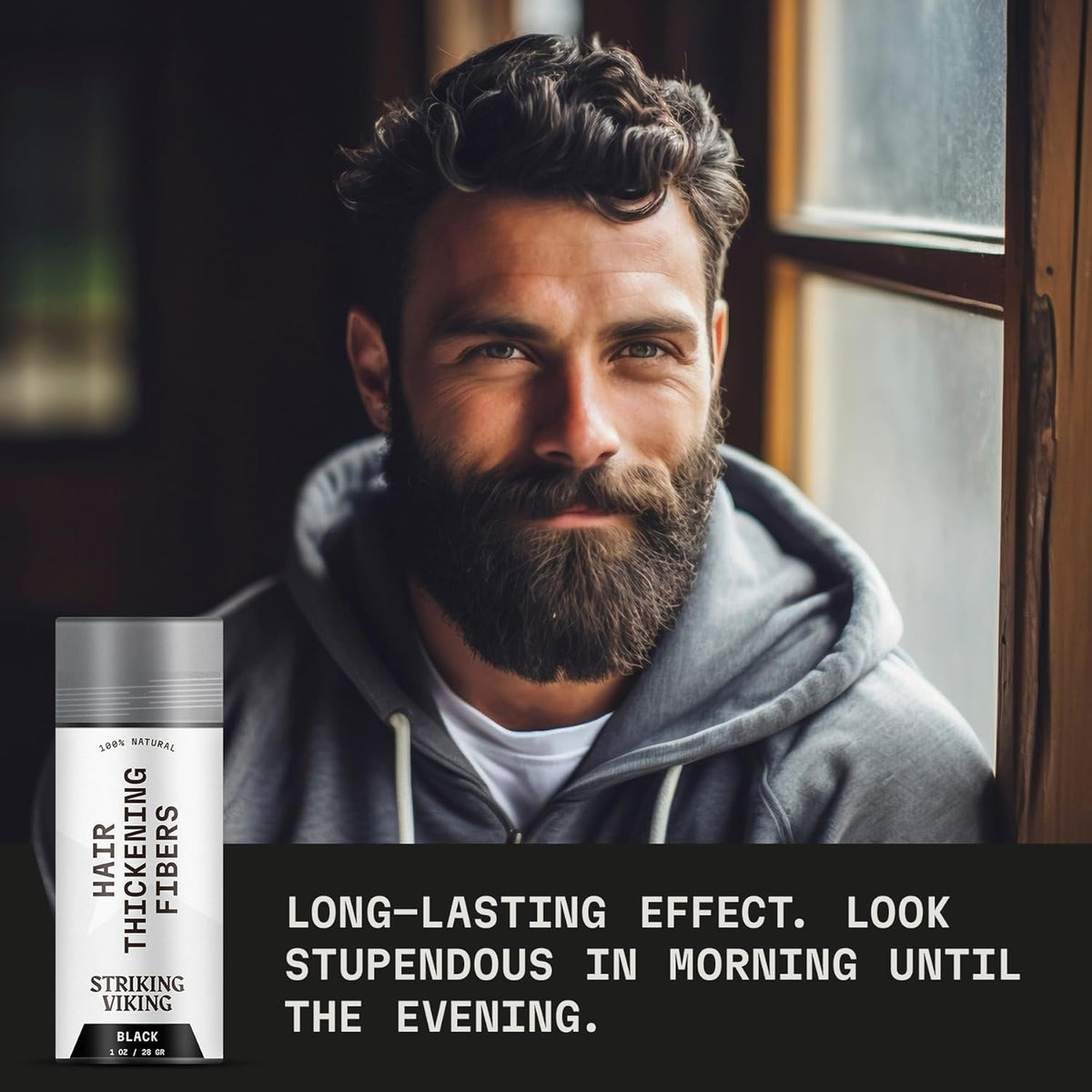 Striking Viking Hair Building Fibers - 28g, Black - Fuller Look Thinning Hair Fibers - Bald Spot