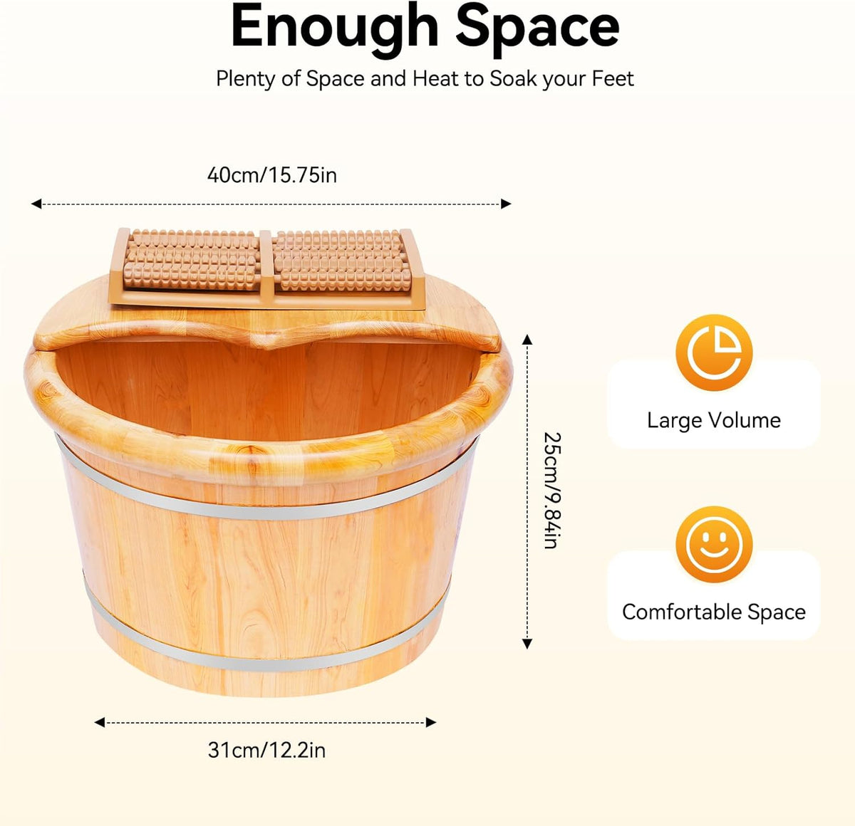 9.84in Tall Wood Foot Soaking Tub with Lid and Massage Roller, Pedicure Bowl for Feet, Portable