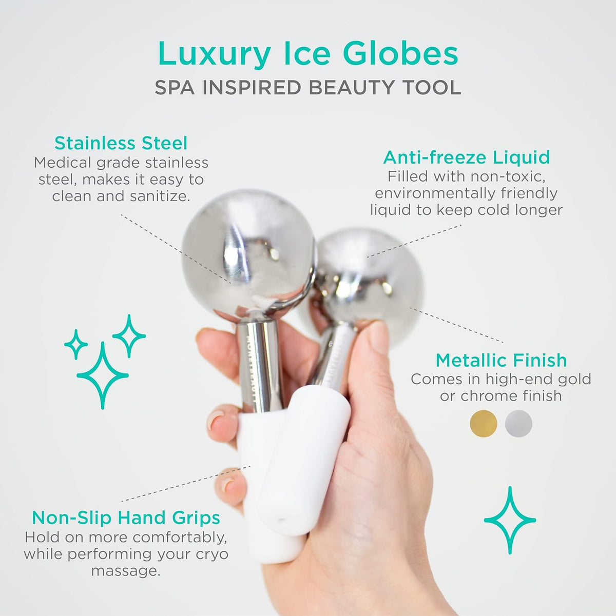 Stainless Steel Ice Globes for Facials (Silver), Durable Cryo Globes Instantly Reduce Puffiness