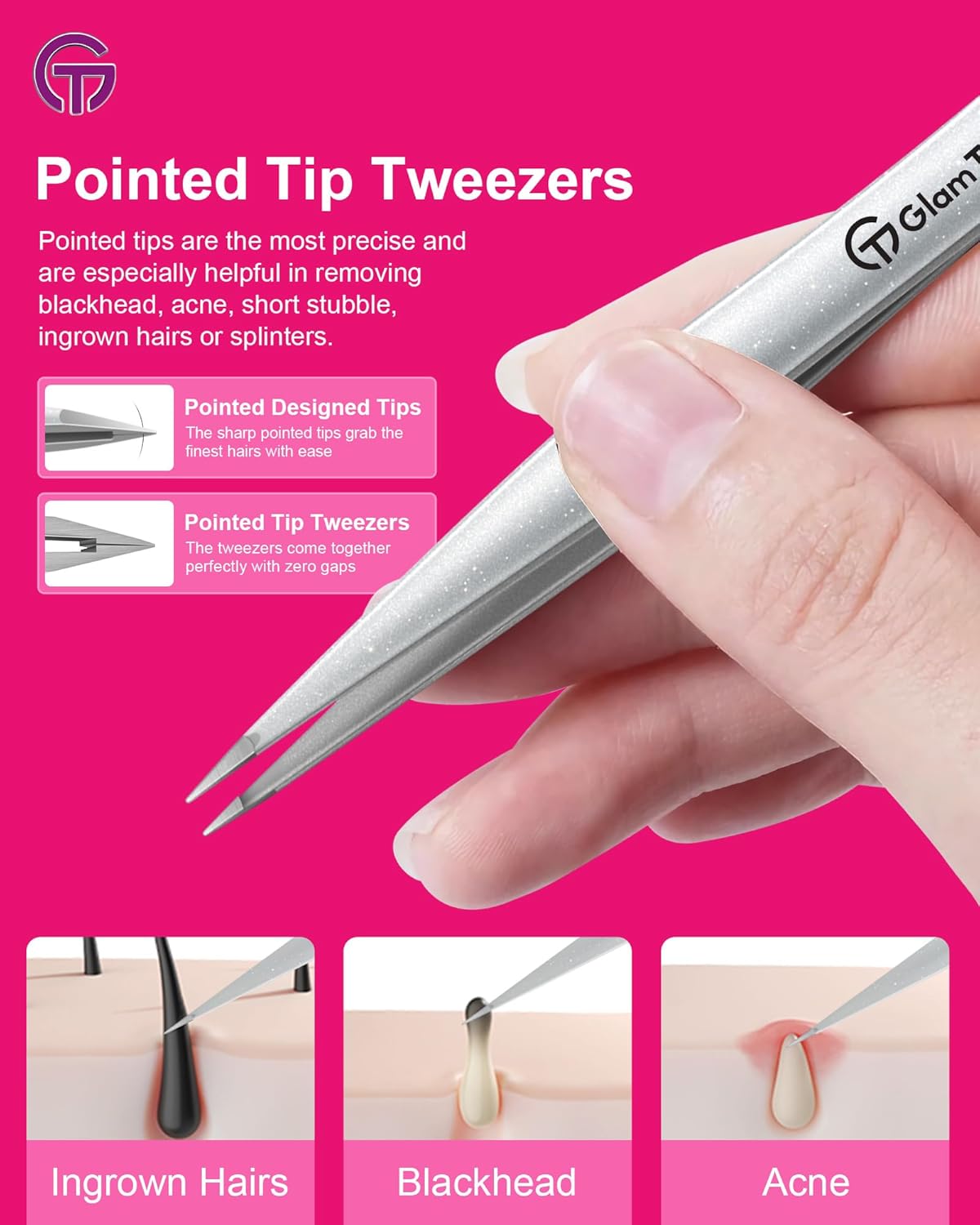 Expert Slant and Point Tip Tweezer Set with Exclusive Travel Case, GlamTweeler Sharp & Precision