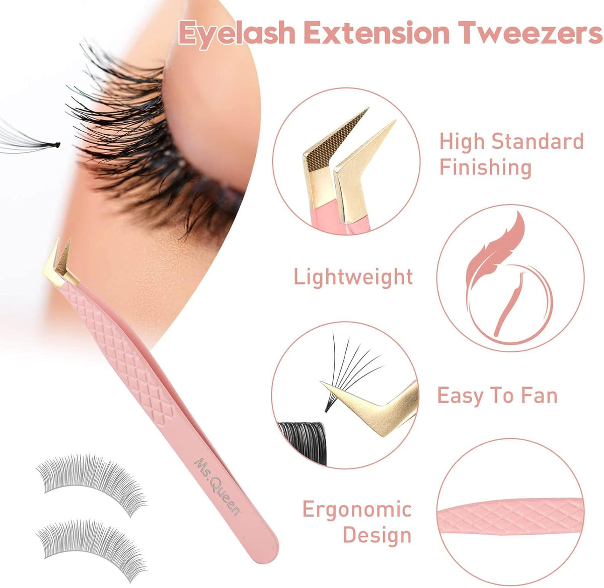 Ms.Queen Fiber Tip Lash Tweezers,Diamond Grip L-Shape Volume Boot Tweezers for Mega Volume Mink