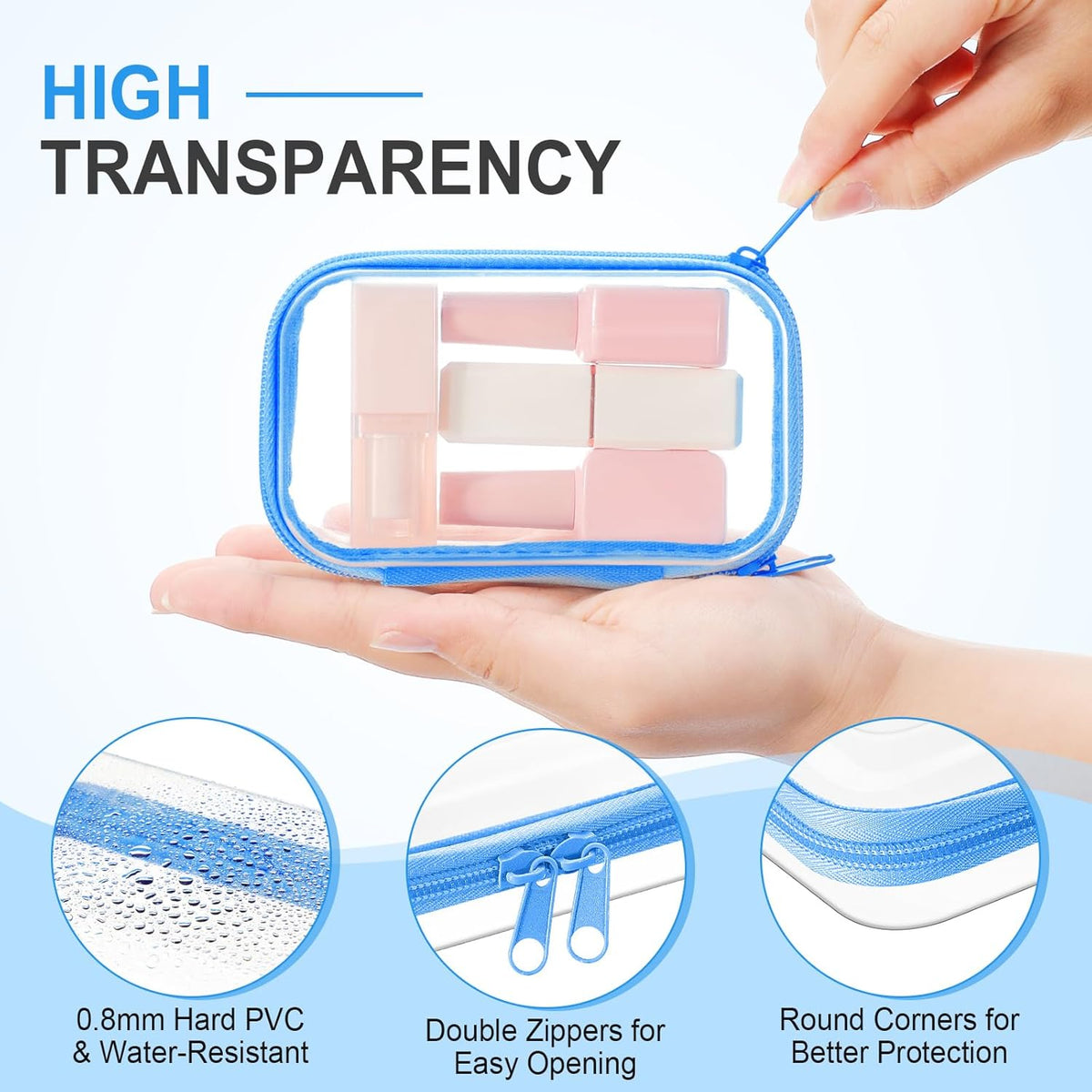 Hoolerry 3 Pcs Clear Hard Zipper Case Plastic Pouch Transparent Hard Case Clear Makeup Bag Portable