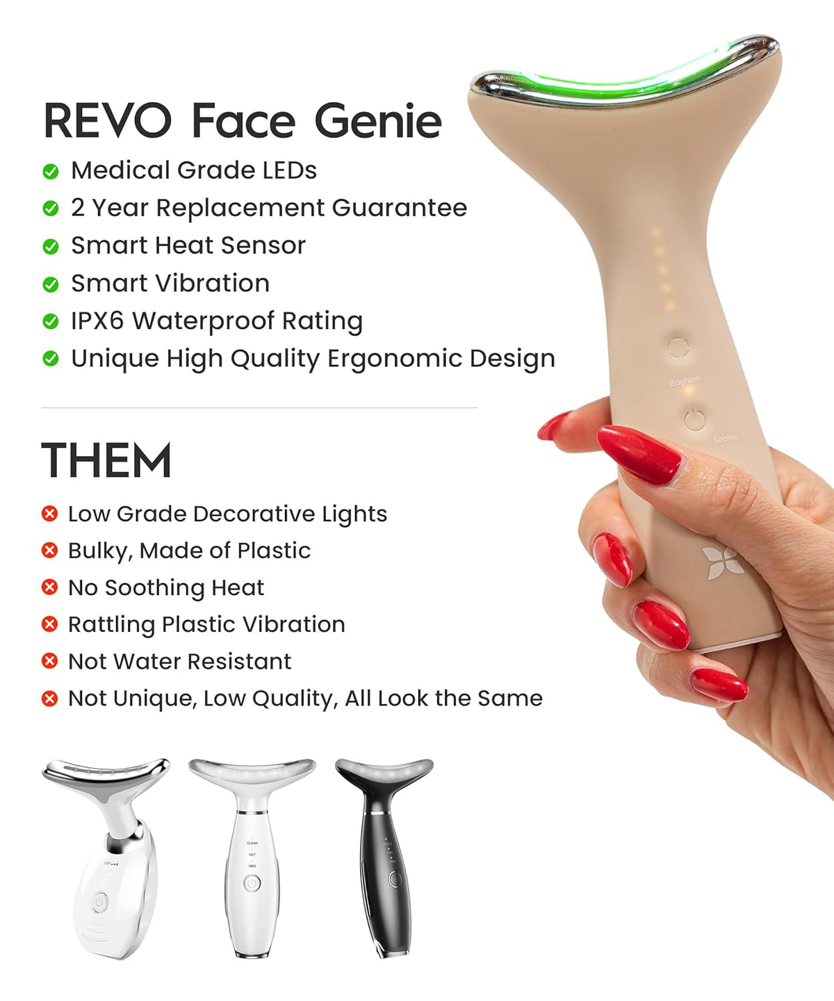 REVO Genie | Face & Neck Beauty Massager with Ultra Powerful LEDs for Wrinkles, Fine Lines, Puffy