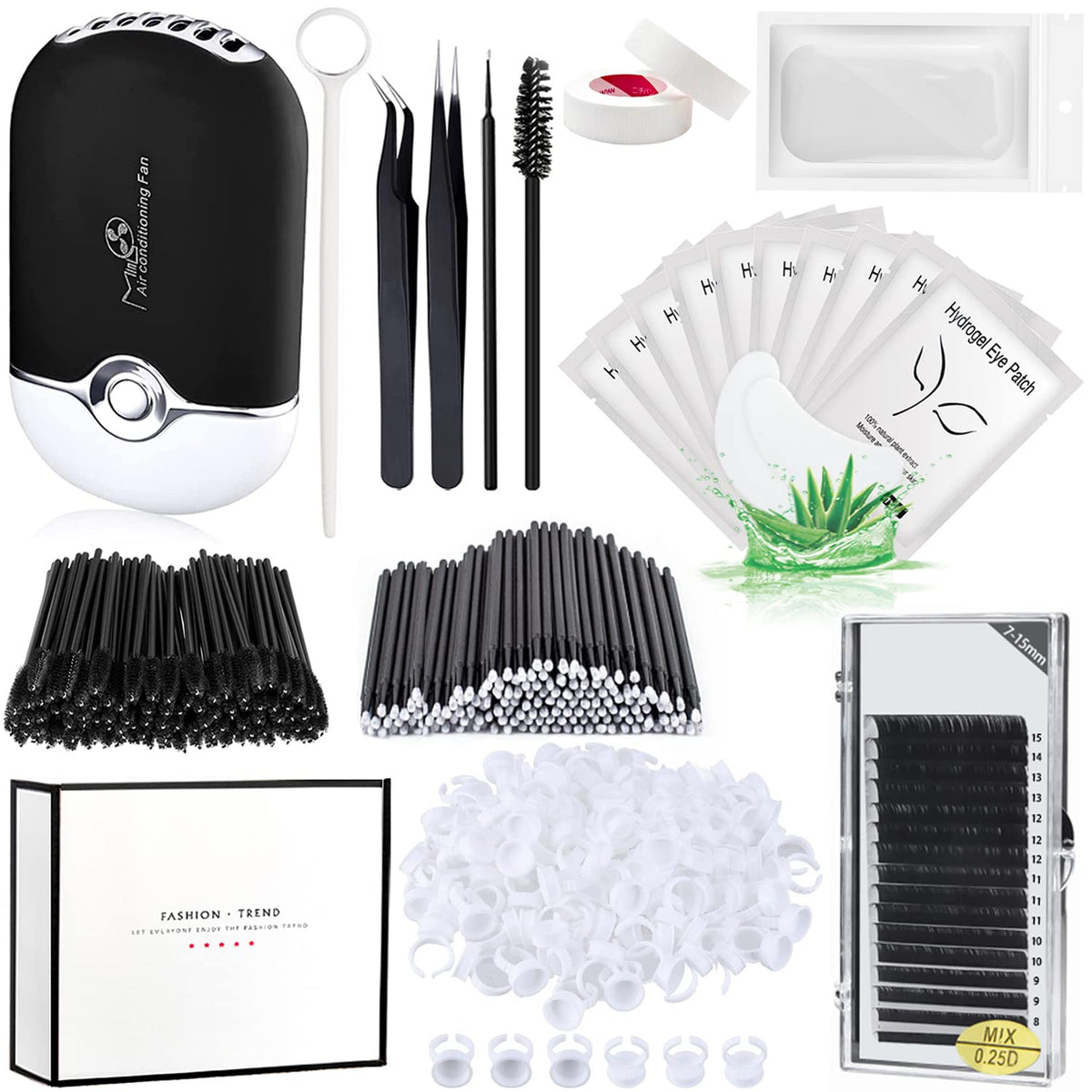 Eyelash Extension Supplies Kit with Individual Lash 0.07D Curl Mix 7-15mm USB Lash Fan Dryer Gel