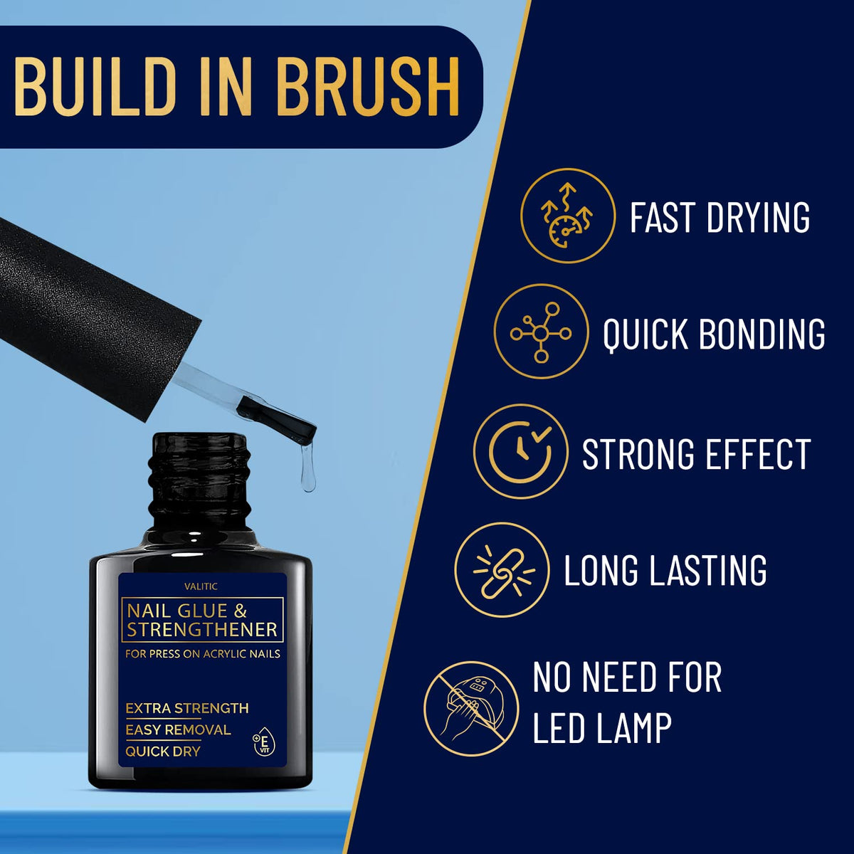 Valitic Strong Nail Glue and Strengthener - Quick Dry Brush On Gel for Long Lasting Nails