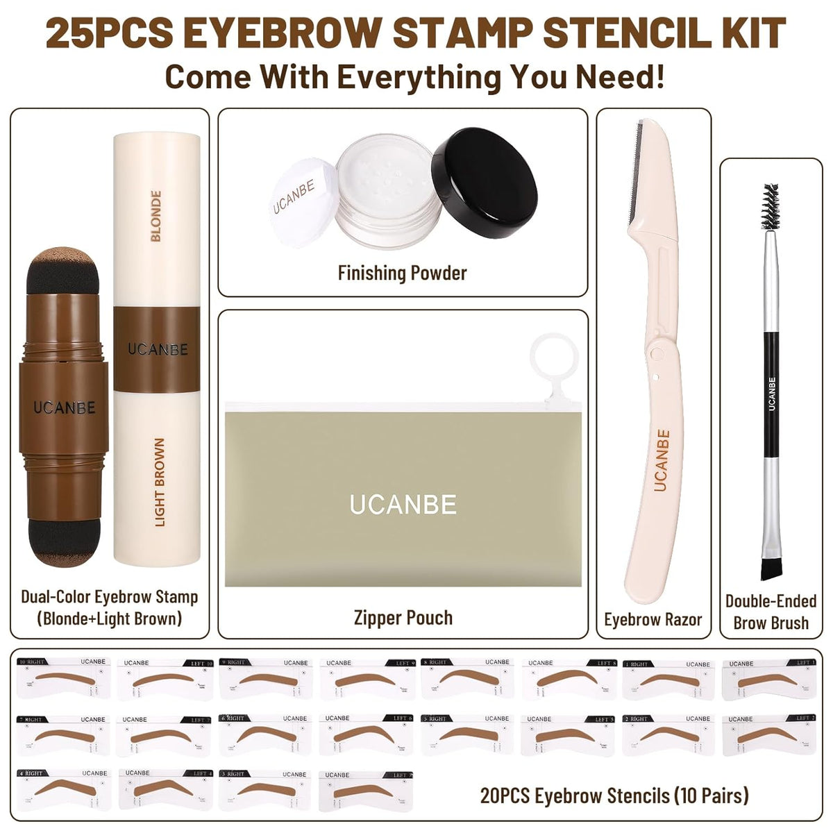 UCANBE 25PCS Eyebrow Stamp Stencil Kit With Dual-Color Eyebrow Stamp Pomade,20 Reusable Eyebrow