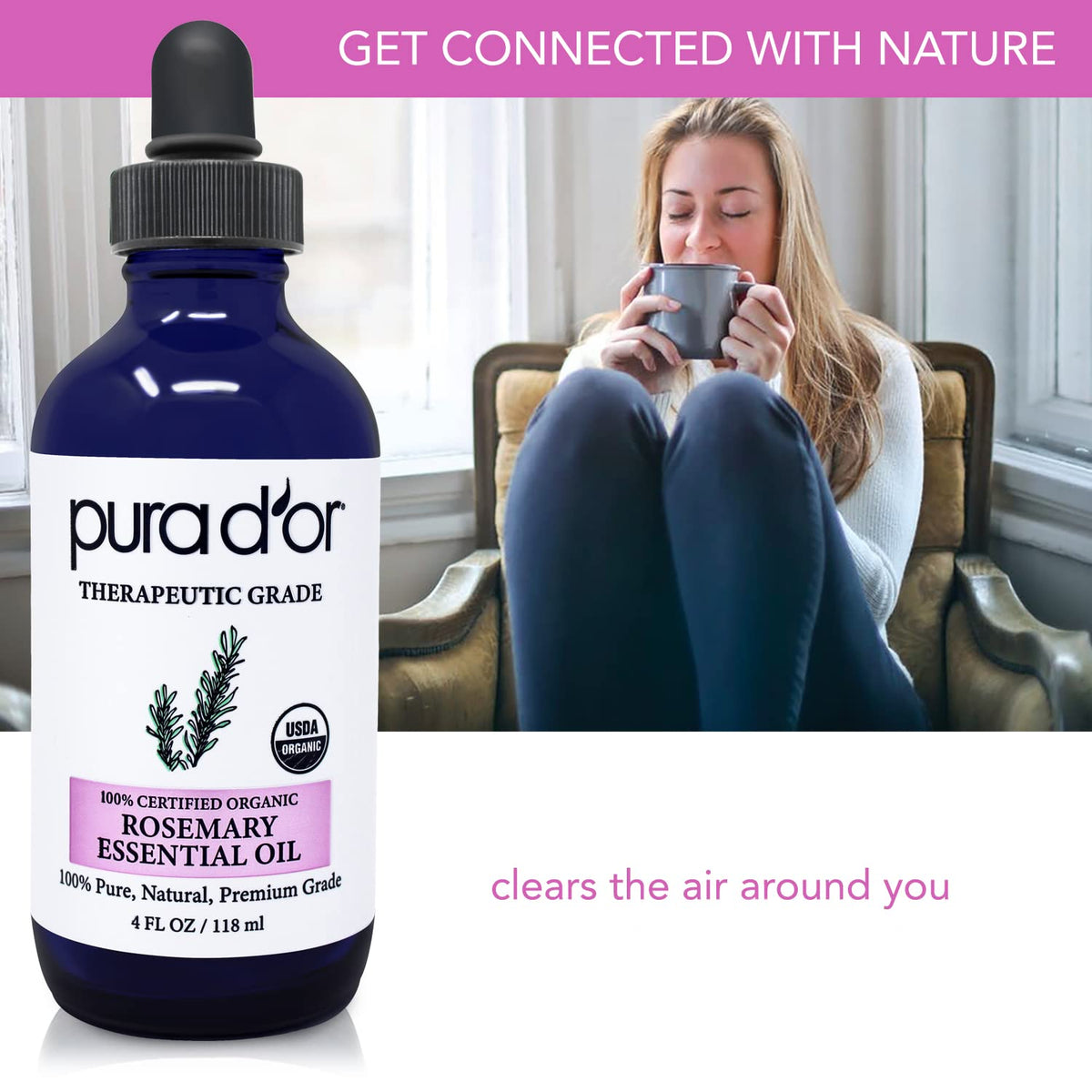 PURA D'OR Organic Rosemary Essential Oil, 4oz, Therapeutic Grade, for Hair, Body, Skin