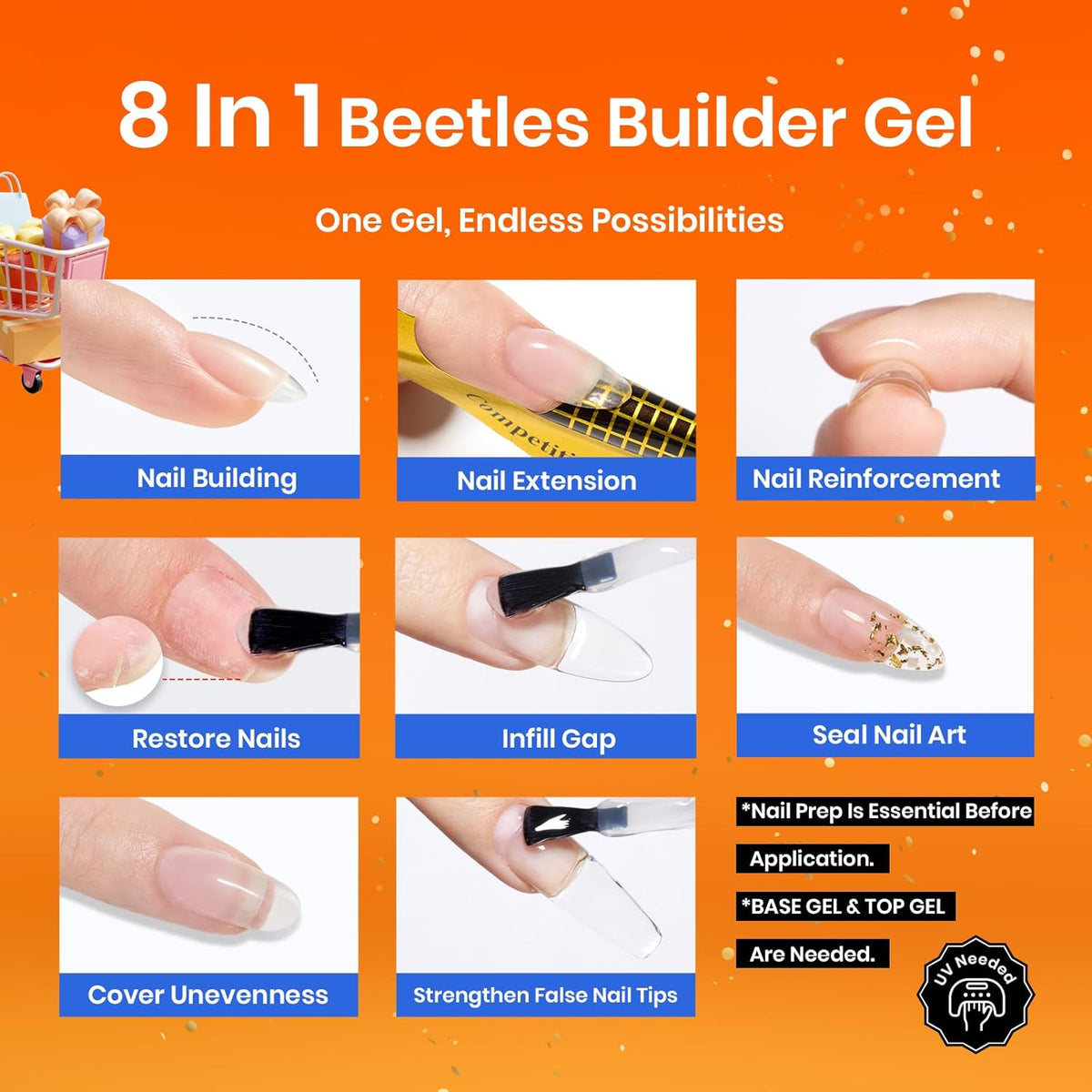 Beetles Builder Gel for Nails, 2 Pcs 0.51 oz 8 in 1 Clear Builder Nail Gel Set for Nail Apex