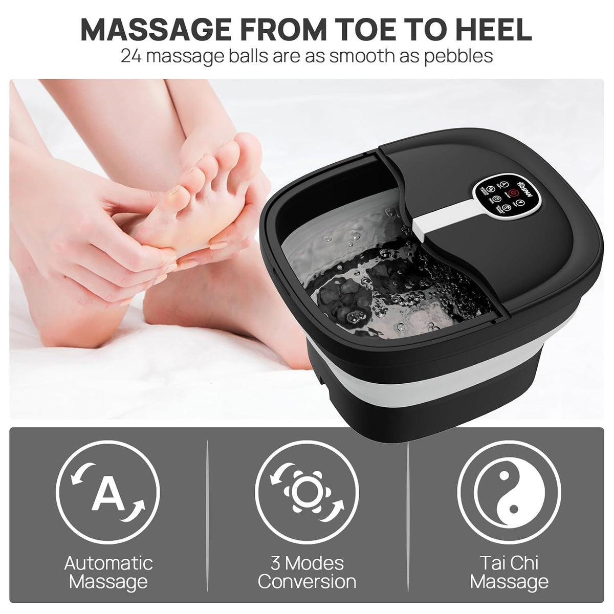 HOSPAN Collapsible Foot Spa Electric Rotary Massage, Foot Bath with Heat, Bubble, Remote, and 24