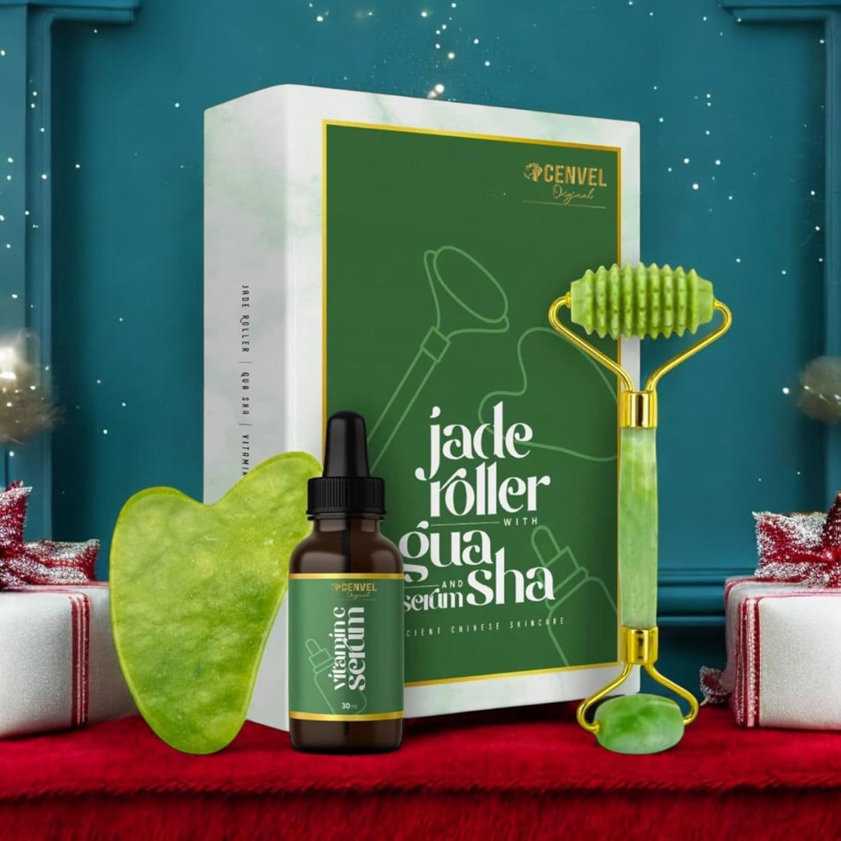 100% Real Crystal Jade Stone Roller and Gua Sha Set with Vitamin C Serum | Great for Eye Puffiness