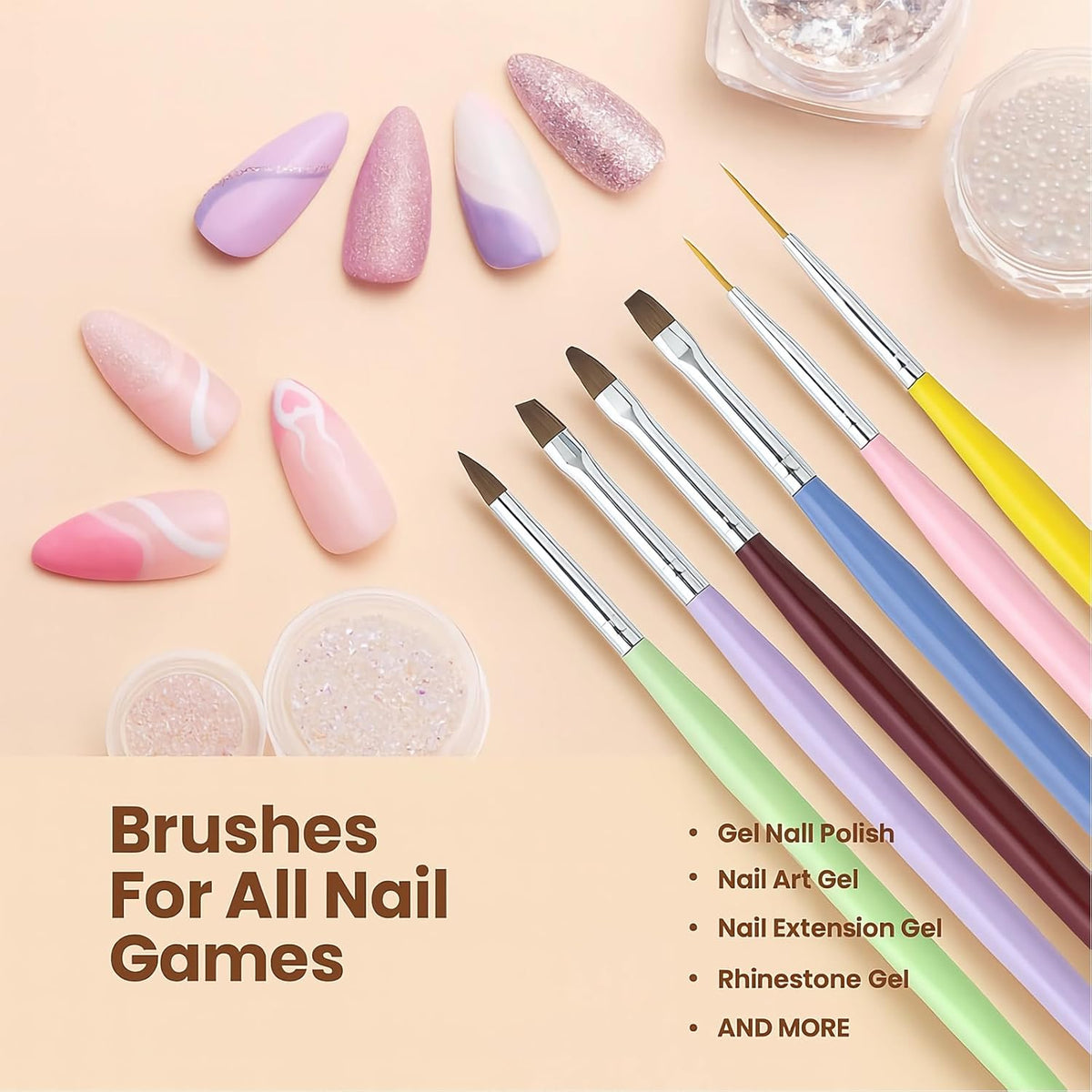 Gel Polish Nail Art Brushes, 6 Pcs Dual-Ended Art Design Pens with Case for Gel & Acrylic - Clean