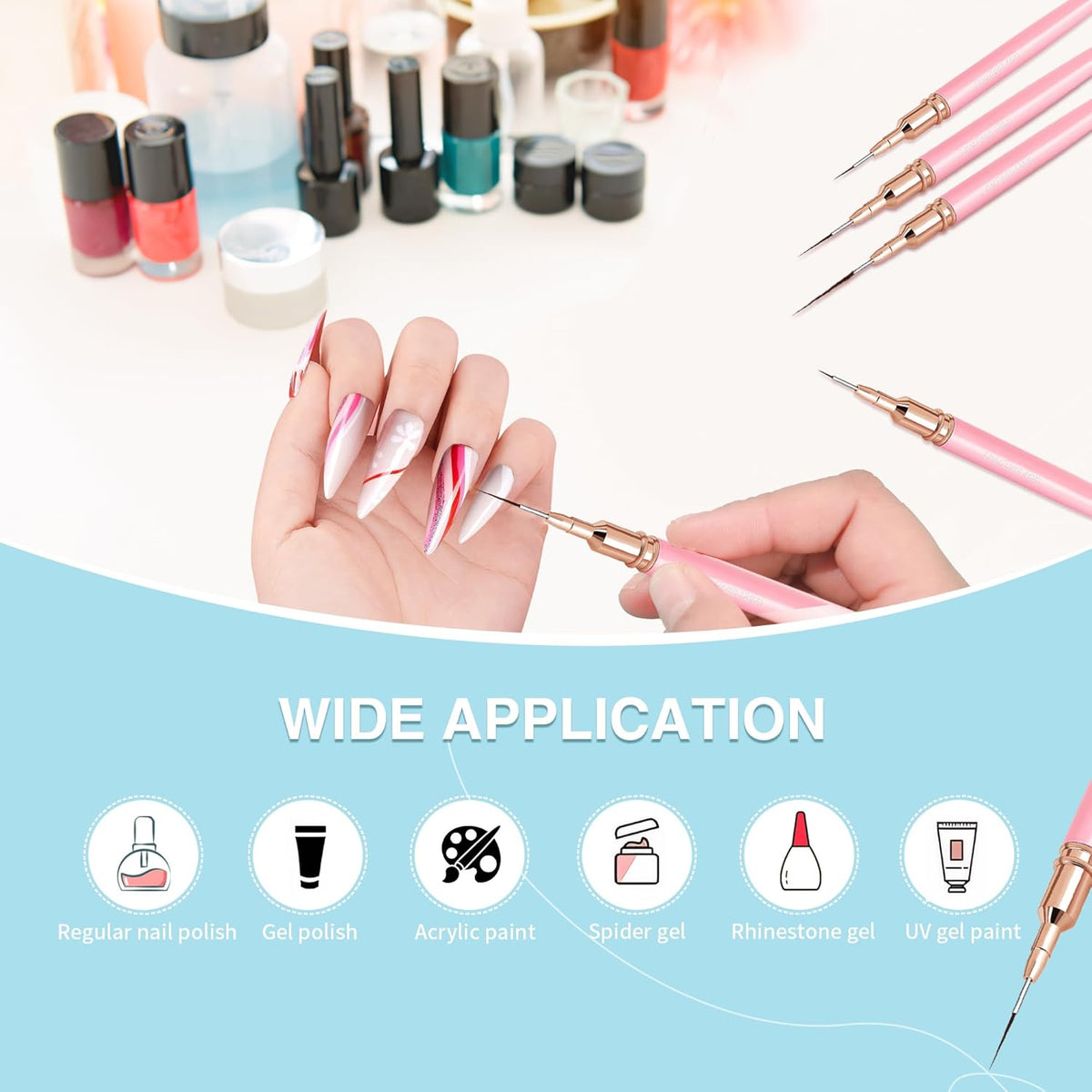 Metallic Nail Art Brushes, 5Pcs Nail Art Liner Brushes, Painting Art Design Brush Set Nail Dotting