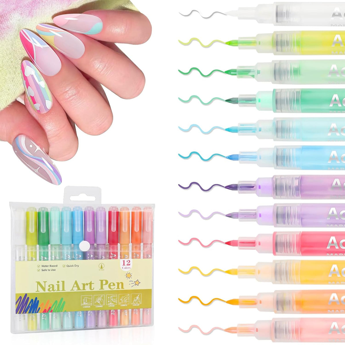 EBANKU 12 Colors Nail Art Pens Acrylic Paint Marker, Nail Polish Pens Quick Drying 0.7MM 3D Acrylic
