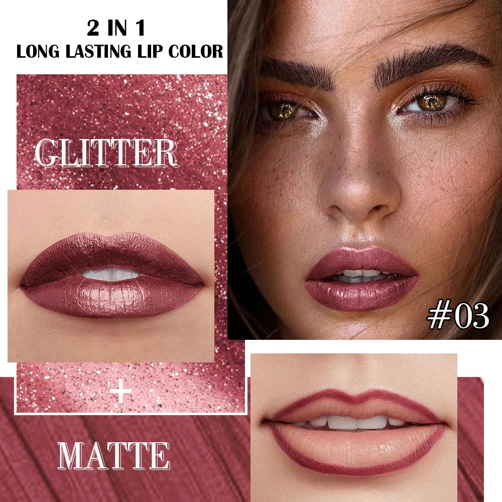 evpct Dark Wine Red Metallic Glitter Lip Liner and Lipstick Combo Lip Gloss Stain Set Makeup for