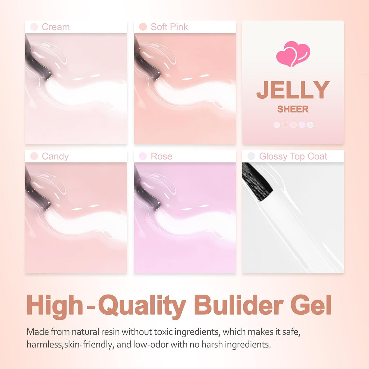 Rubber Base Builder Gel Strengthener Kit, With No Wipe Top Coat UV LED Curing, Hema Free, Vegan
