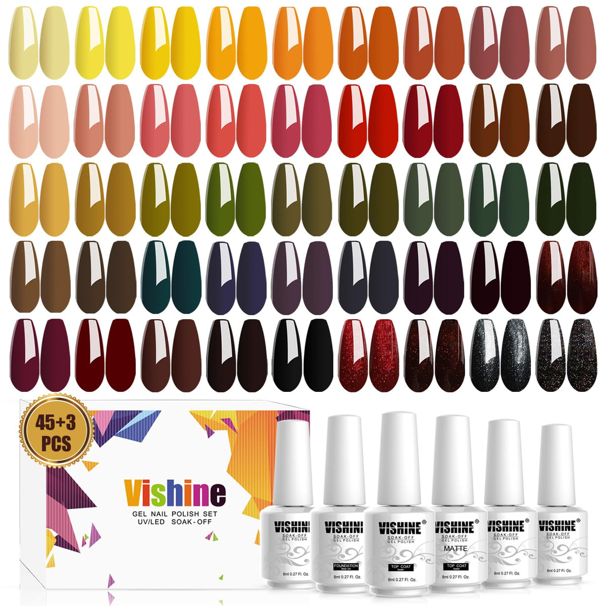 Vishine 48PCS Gel Nail Polish Kit with UV Light include 45 Colors Gel Polish Nail Kit Soak Off Base