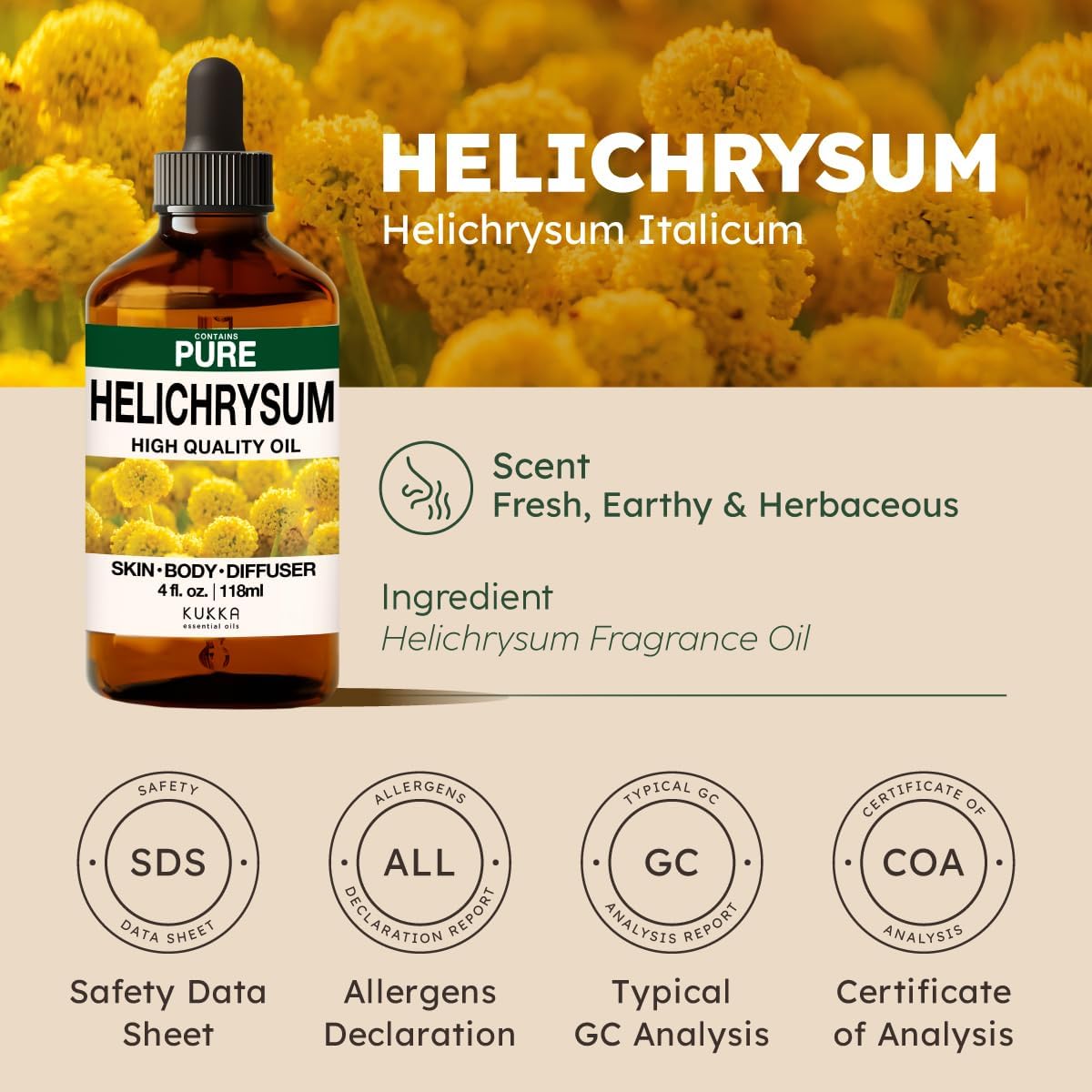 Kukka Helichrysum Essential Oil for Skin, Relaxation - 4 Fl Oz - Helichrysum Essential Oil for