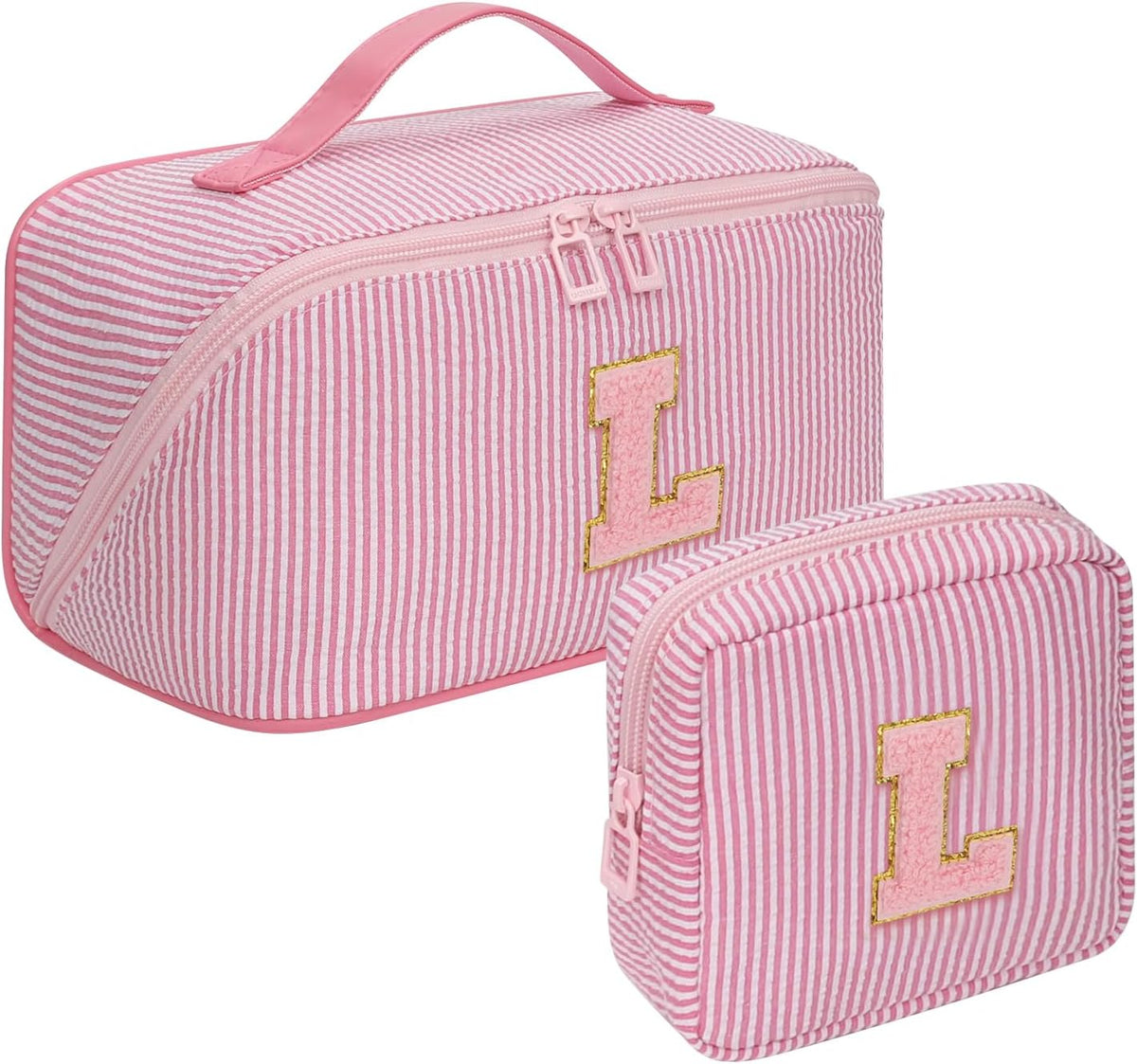 Travel Makeup Bag for Women, 2Pcs Portable Personalized Initial Makeup Organizer Bag, Open Flat