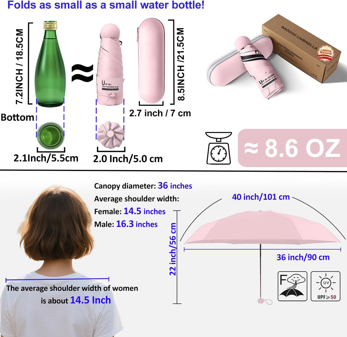 BAODINI Travel Essentials Mini Umbrella for Purse With Case Small Compact UV Sun Protection