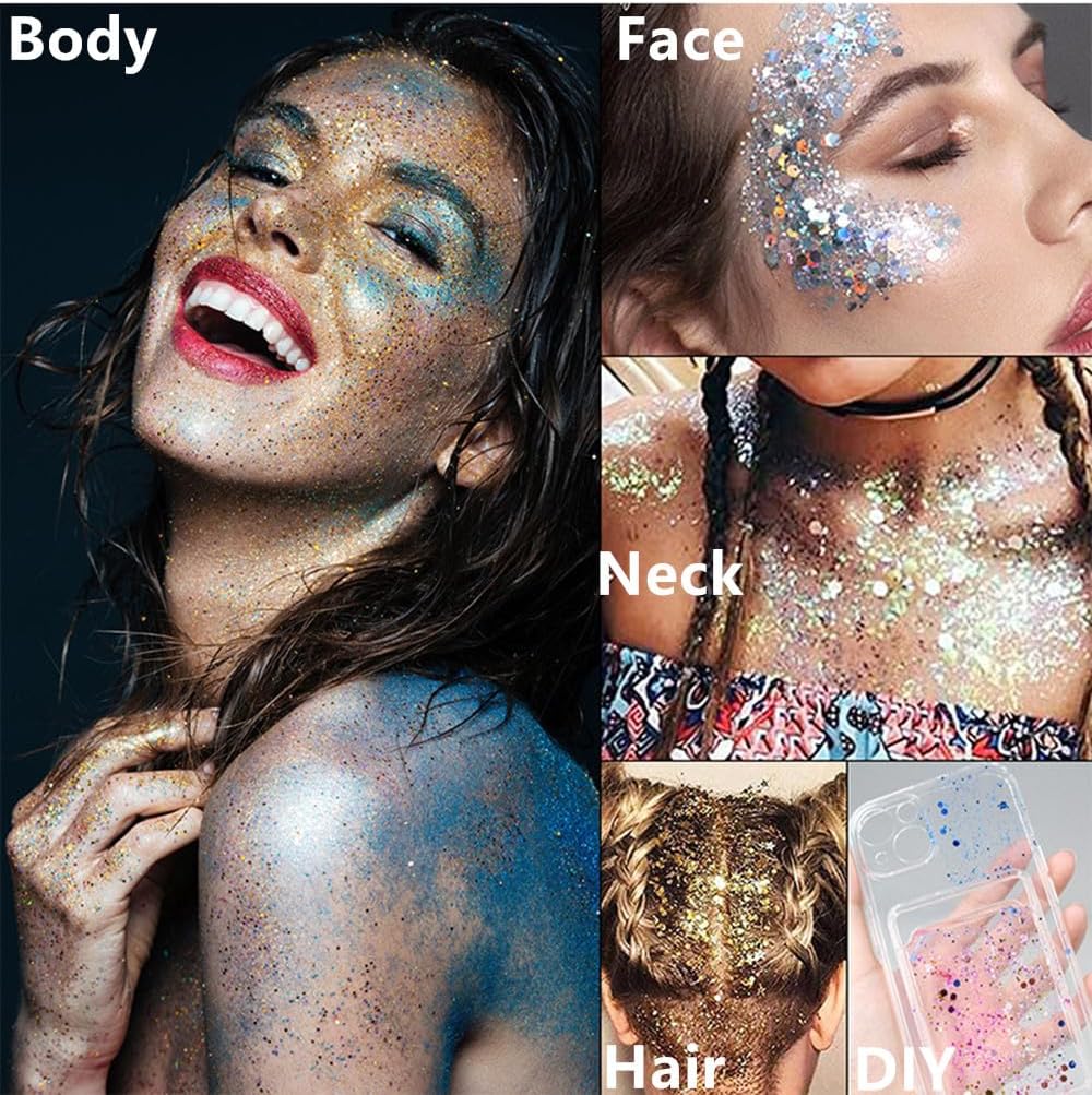 Go Ho Hot Pink Face Body Glitter Gel,Singer Concerts Hot Pink Face Paint Makeup,Holographic Chunky