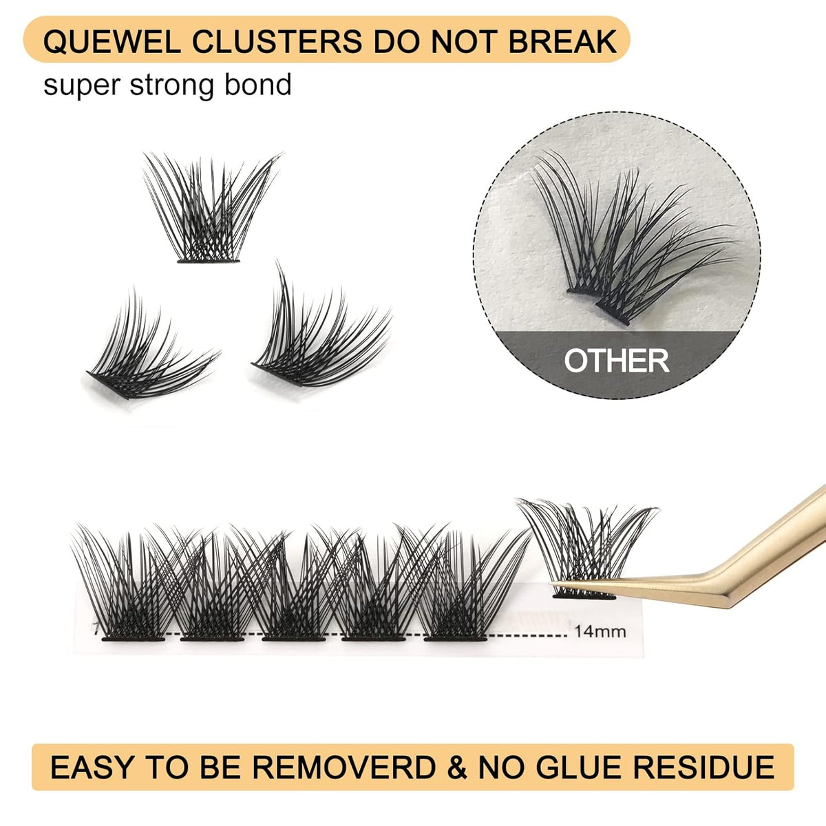 QUEWEL Cluster Lashes 72 Pcs Wide Stem Individual Lashes C/D Curl 8-16mm Length DIY Eyelash