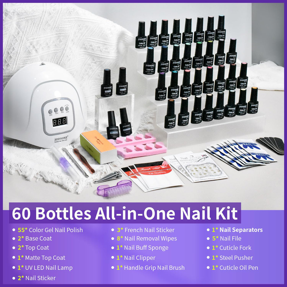 JODSONE 60 Bottles of Gel Nail Polish Kit with U V Light 55 Kinds of Gorgeous and Charming Gel