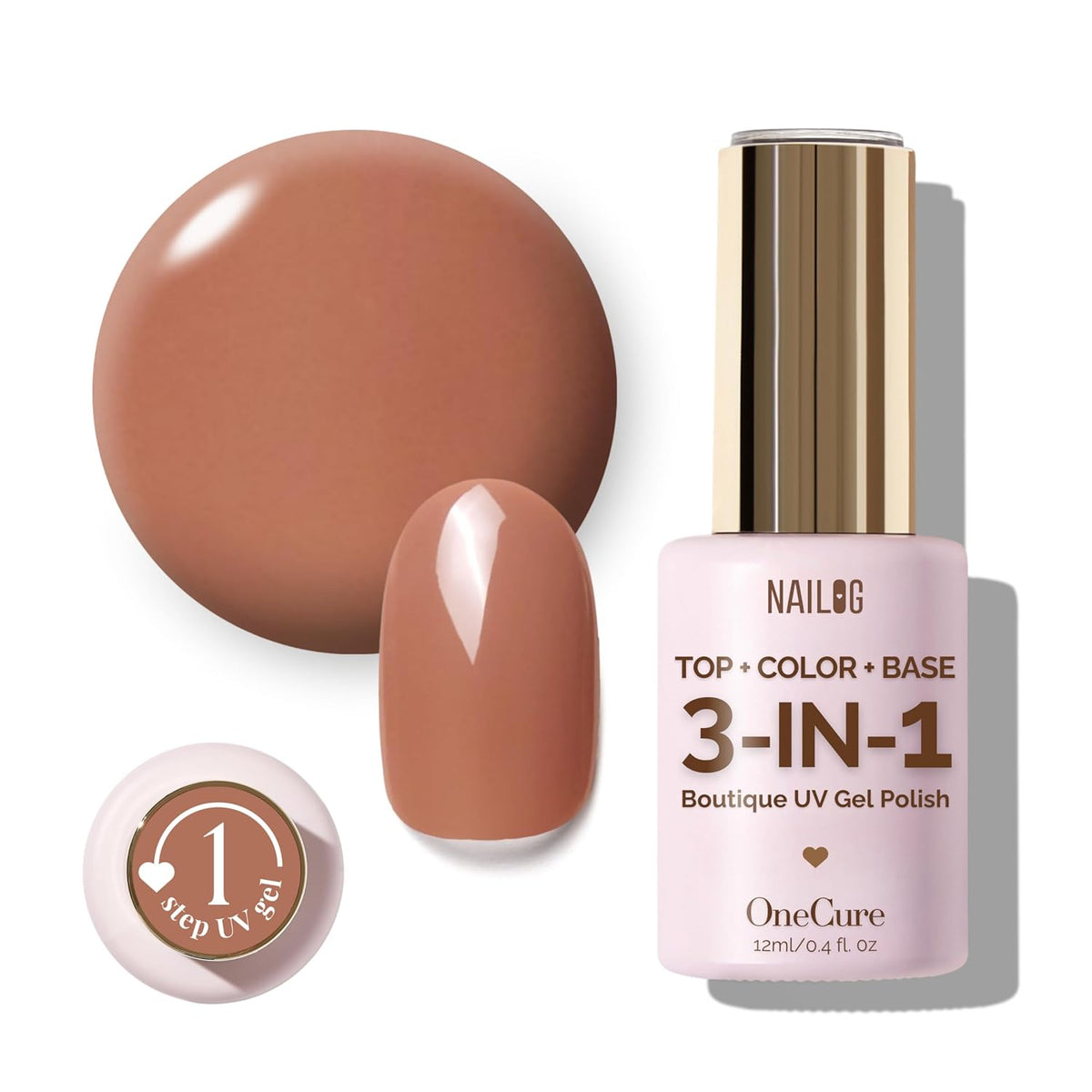 NAILOG One Step Brown Gel Nail Polish 12ml Top Coat Color Gel Base 3-In-1 Formula Soak Off UV Gel