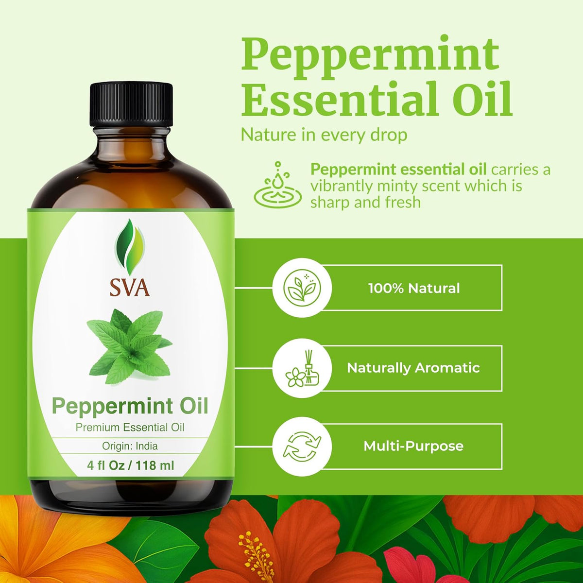 SVA Peppermint Essential Oil – 4 Fl Oz – 100% Natural Peppermint Oil - for Diffuser, Hair Care