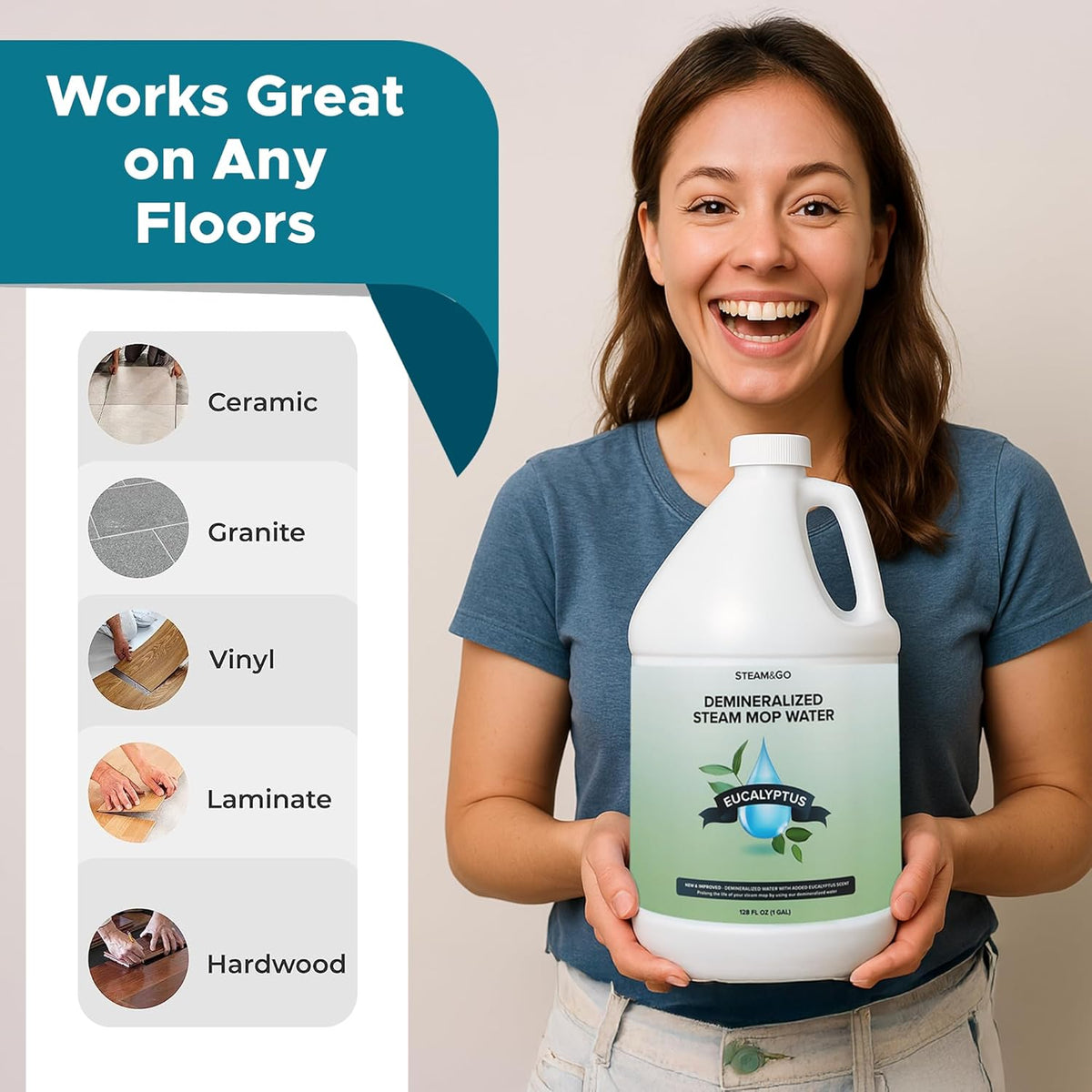 Steam & Go Demineralized Water - Multi-Surface Cleaning Solution for Steam Mop, Ready-to-Use Floor