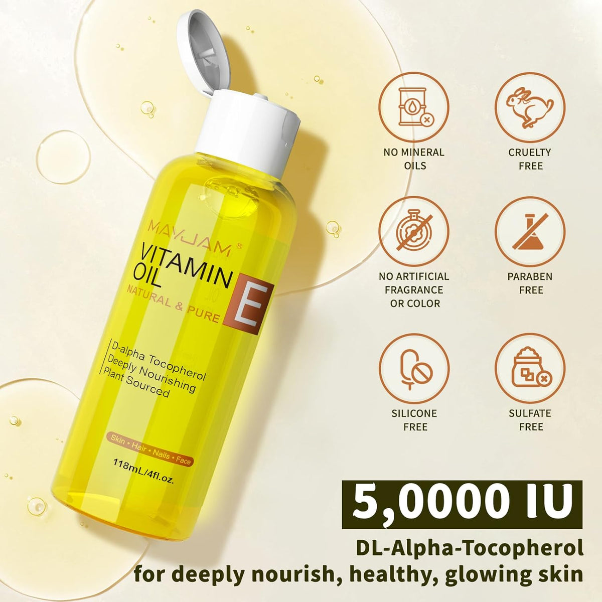 Organic Vitamin E Oil 50,000 IU for Skin, Pure & Natural Vitamine oils for Scars Hair, Face, Nail