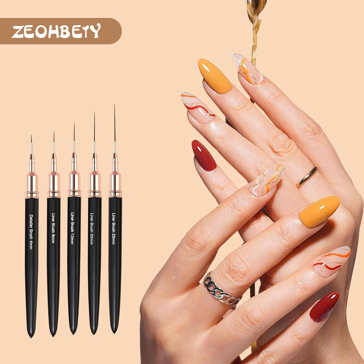 Metallic Nail Art Brushes, 5Pcs Nail Art Liner Brushes, Painting Art Design Brush Set Nail Dotting